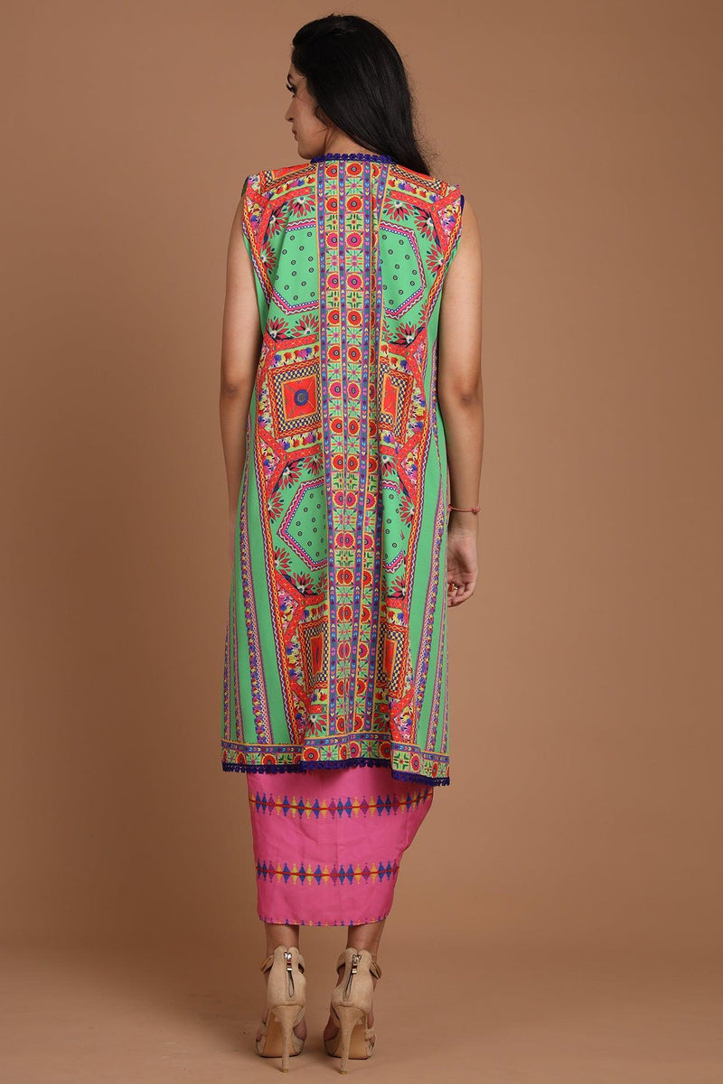 Green & Pink Embroidered Jacket Set With Belt - Preeti s kapoor