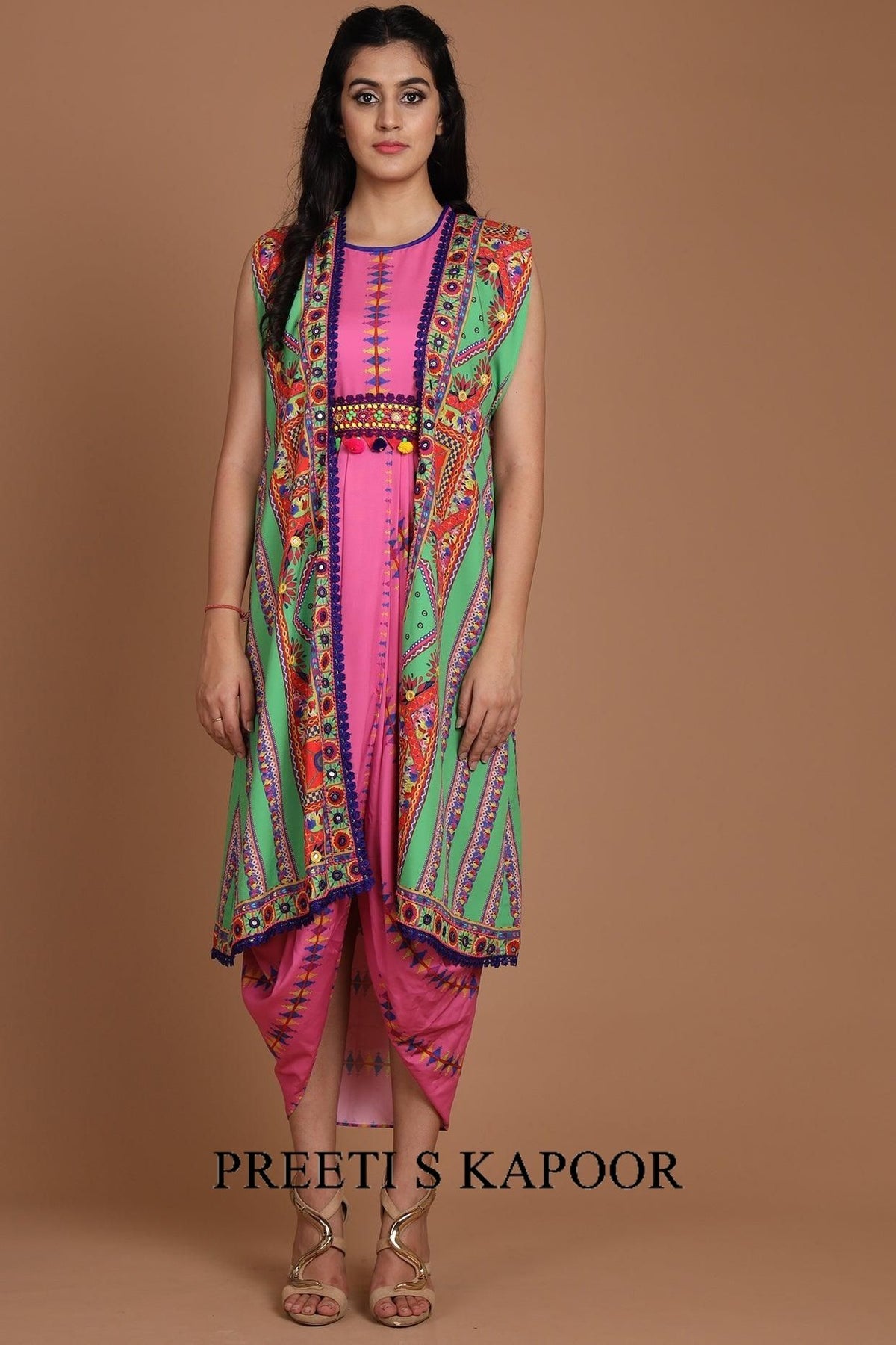 Green & Pink Embroidered Jacket Set With Belt - Preeti s kapoor