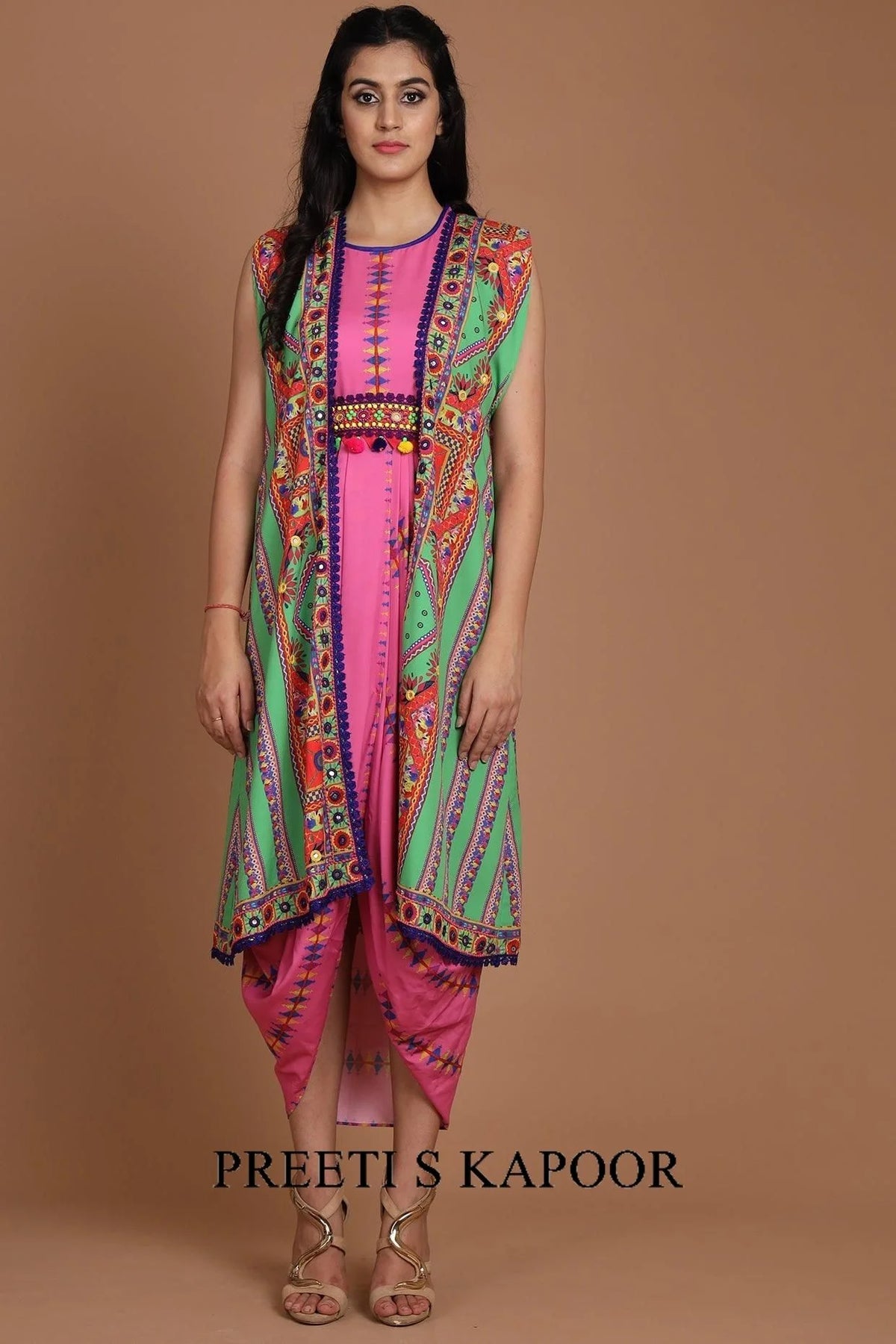 Green & Pink Embroidered Jacket Set With Belt - Preeti S Kapoor