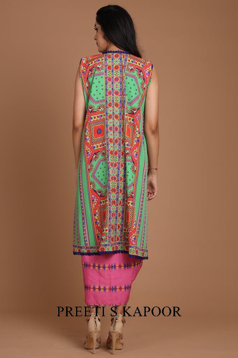 Green & Pink Embroidered Jacket Set With Belt - Preeti s kapoor