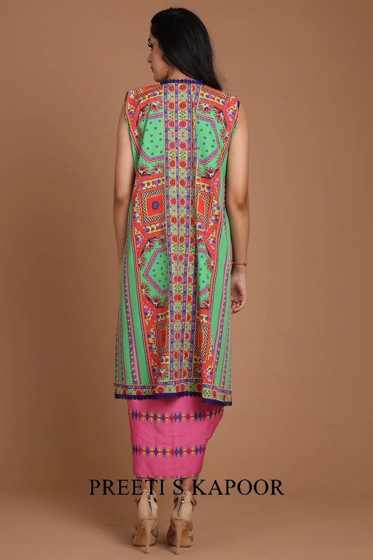 Green & Pink Embroidered Jacket Set With Belt - Preeti S Kapoor