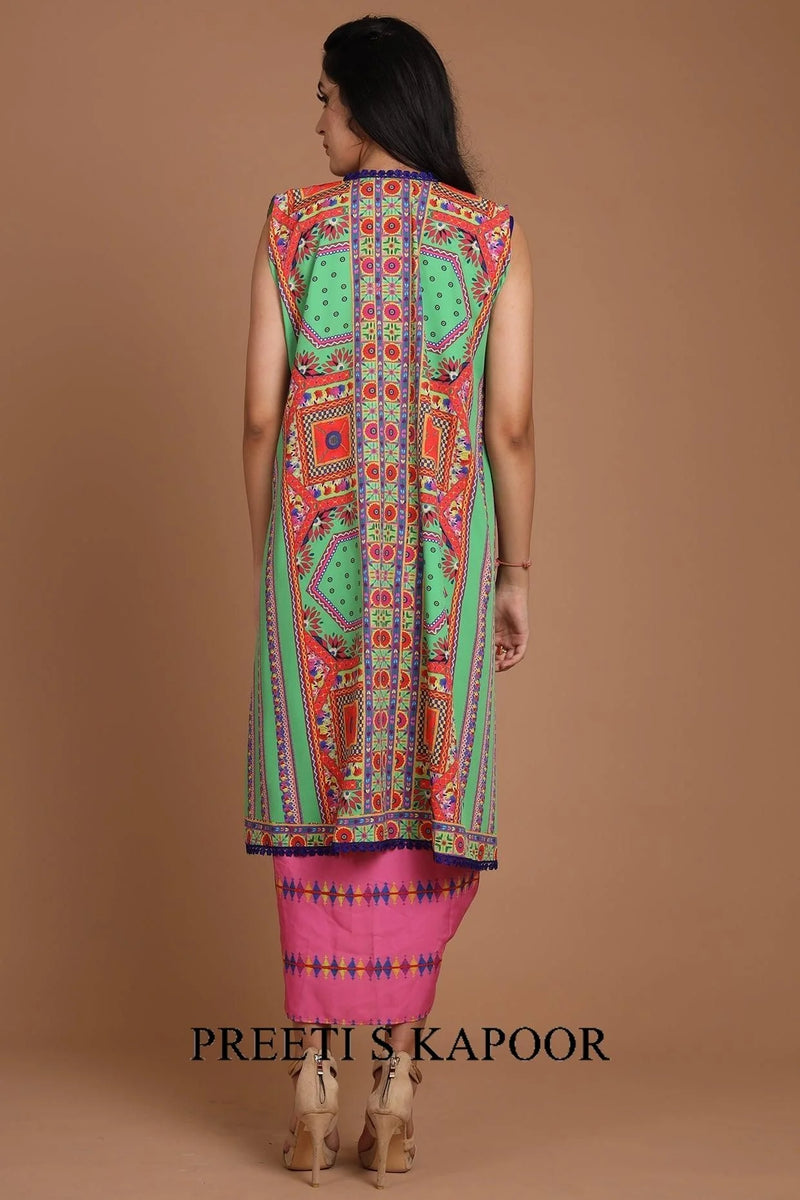 Green & Pink Embroidered Jacket Set With Belt - Preeti S Kapoor
