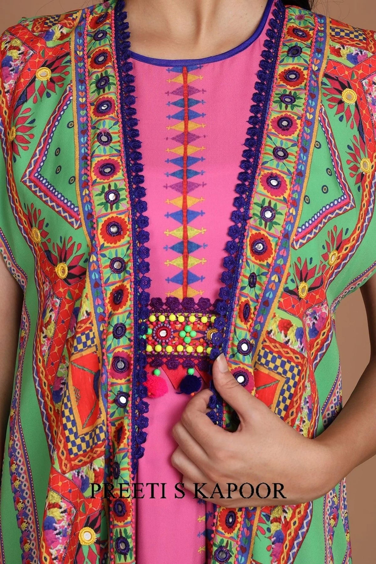 Green & Pink Embroidered Jacket Set With Belt - Preeti S Kapoor