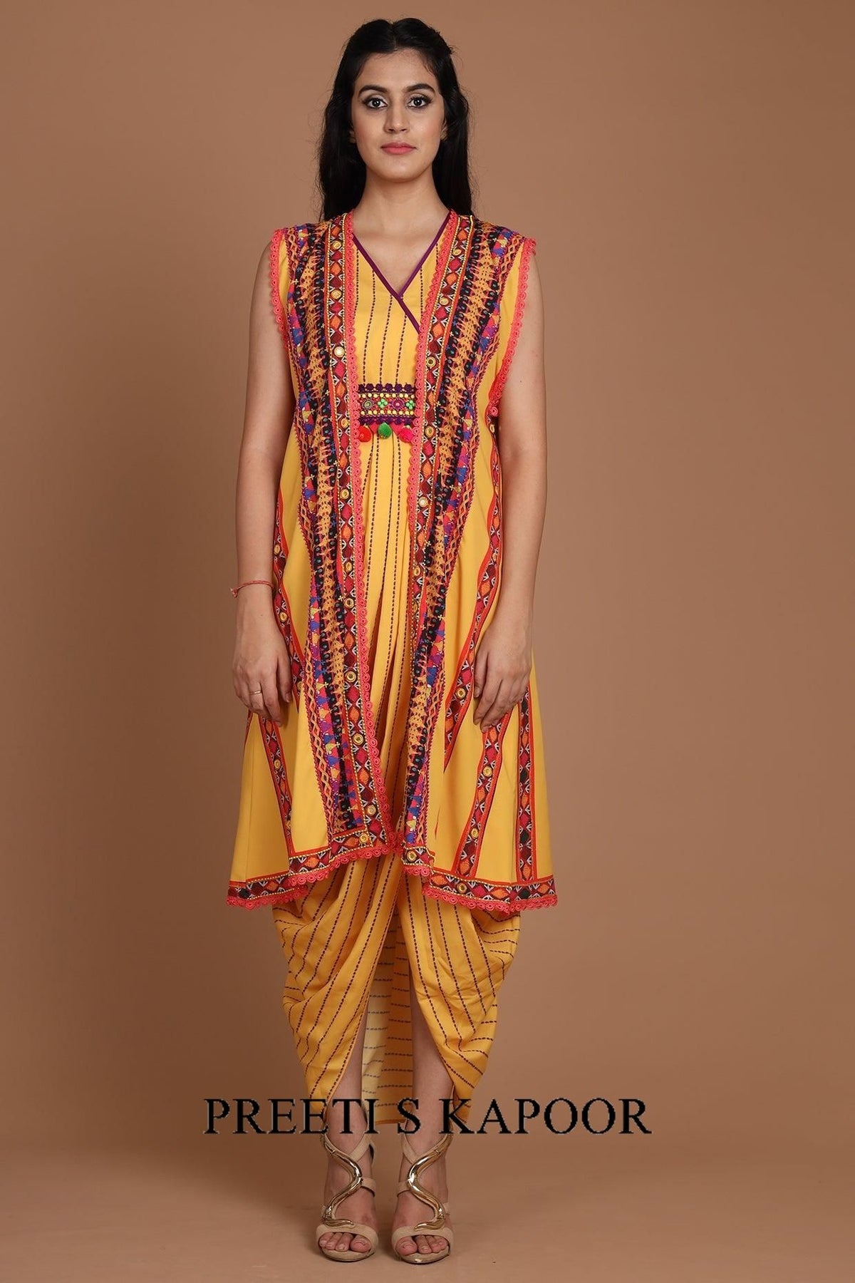 Yellow Embroidered & Printed Jacket Set With Belt - Preeti s kapoor