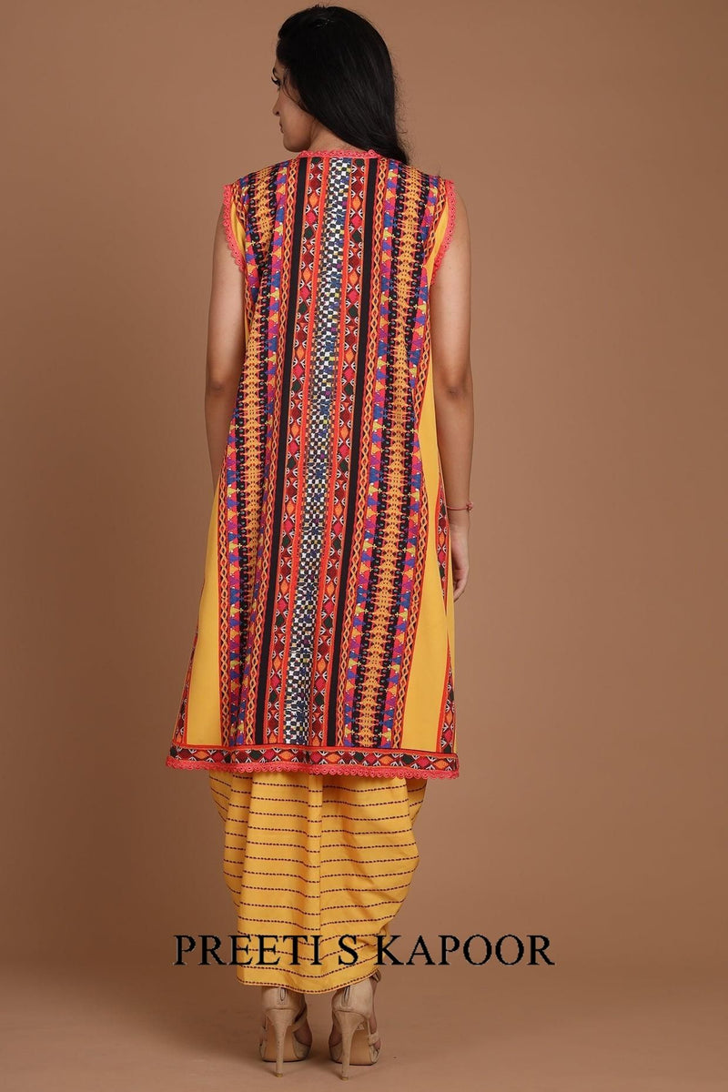 Yellow Embroidered & Printed Jacket Set With Belt - Preeti s kapoor