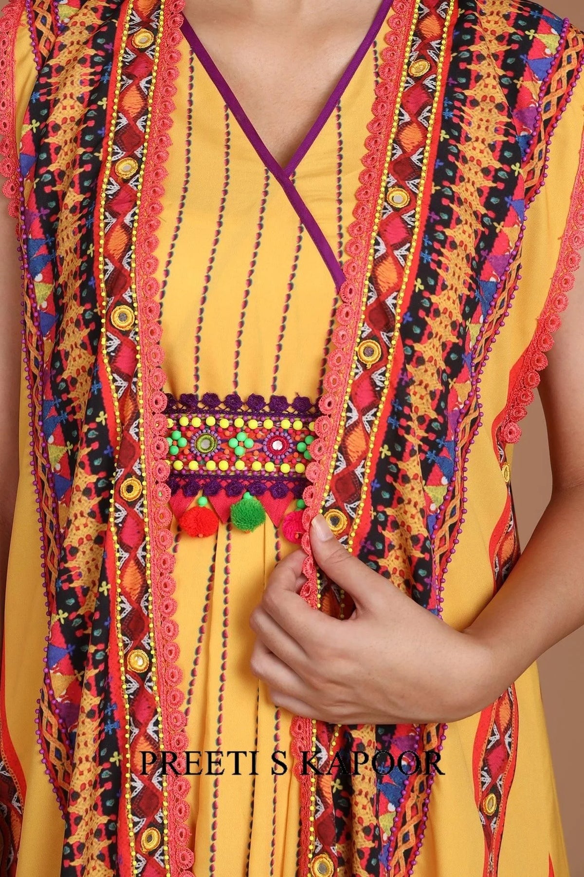 Yellow Embroidered & Printed Jacket Set With Belt - Preeti S Kapoor