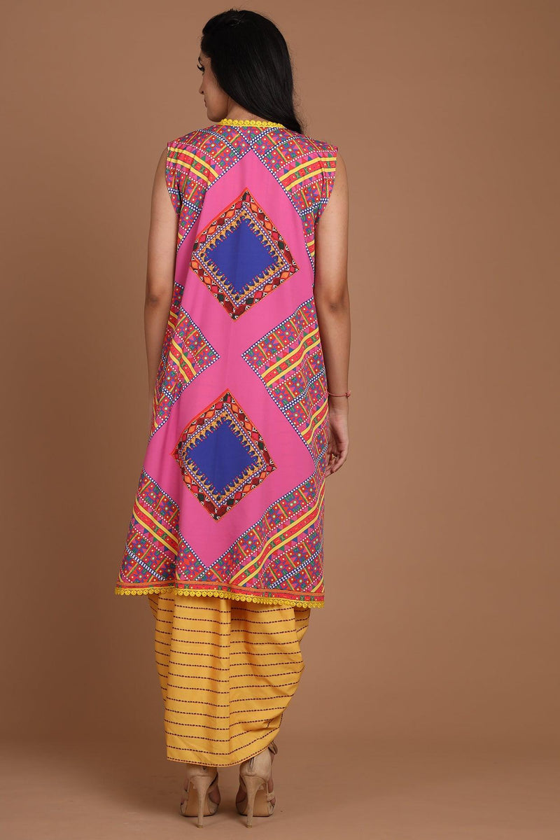 Yellow & Pink Embroidered Jacket Set With Belt - Preeti s kapoor