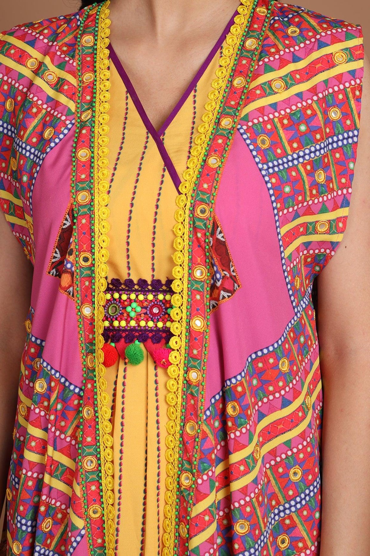 Yellow & Pink Embroidered Jacket Set With Belt - Preeti s kapoor