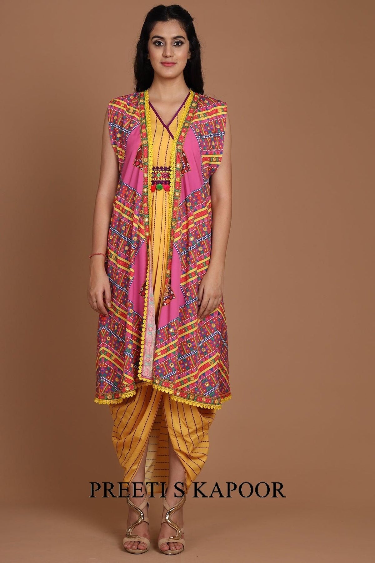 Yellow & Pink Embroidered Jacket Set With Belt - Preeti s kapoor