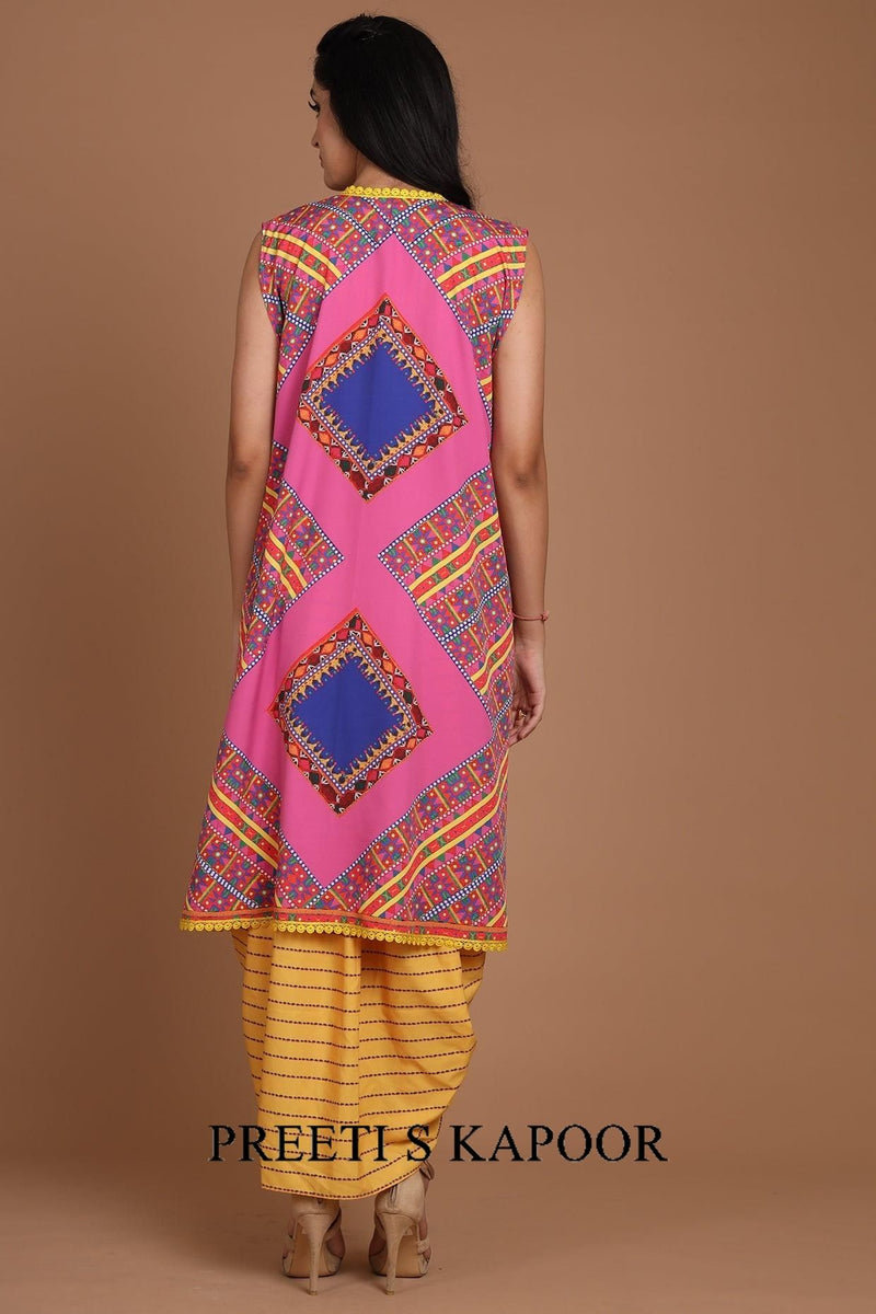 Yellow & Pink Embroidered Jacket Set With Belt - Preeti s kapoor
