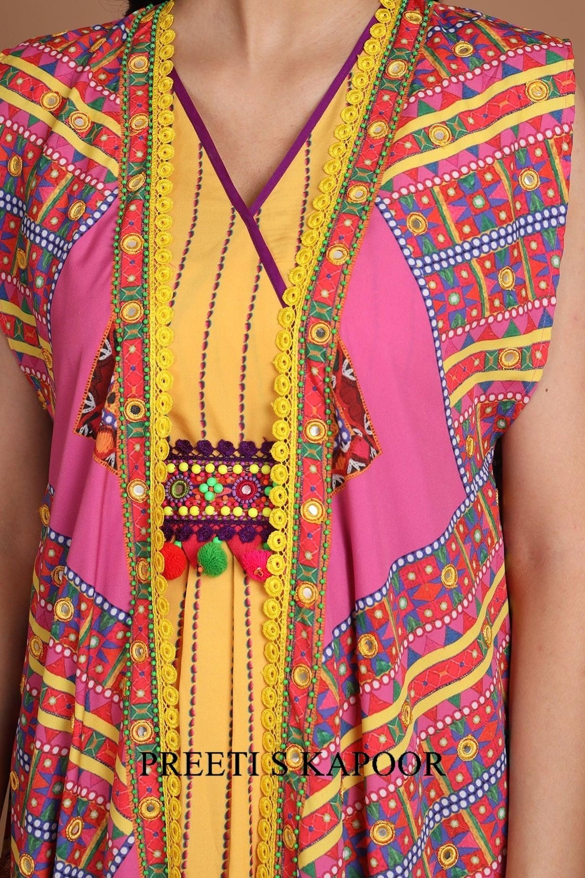 Yellow & Pink Embroidered Jacket Set With Belt - Preeti s kapoor