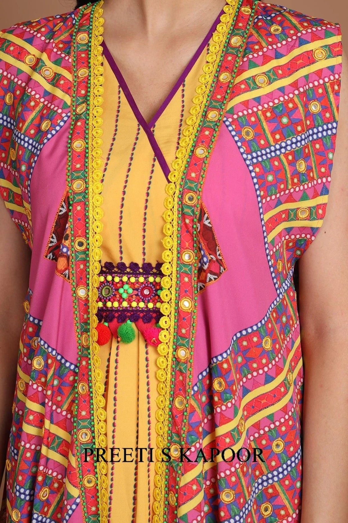 Yellow & Pink Embroidered Jacket Set With Belt - Preeti S Kapoor