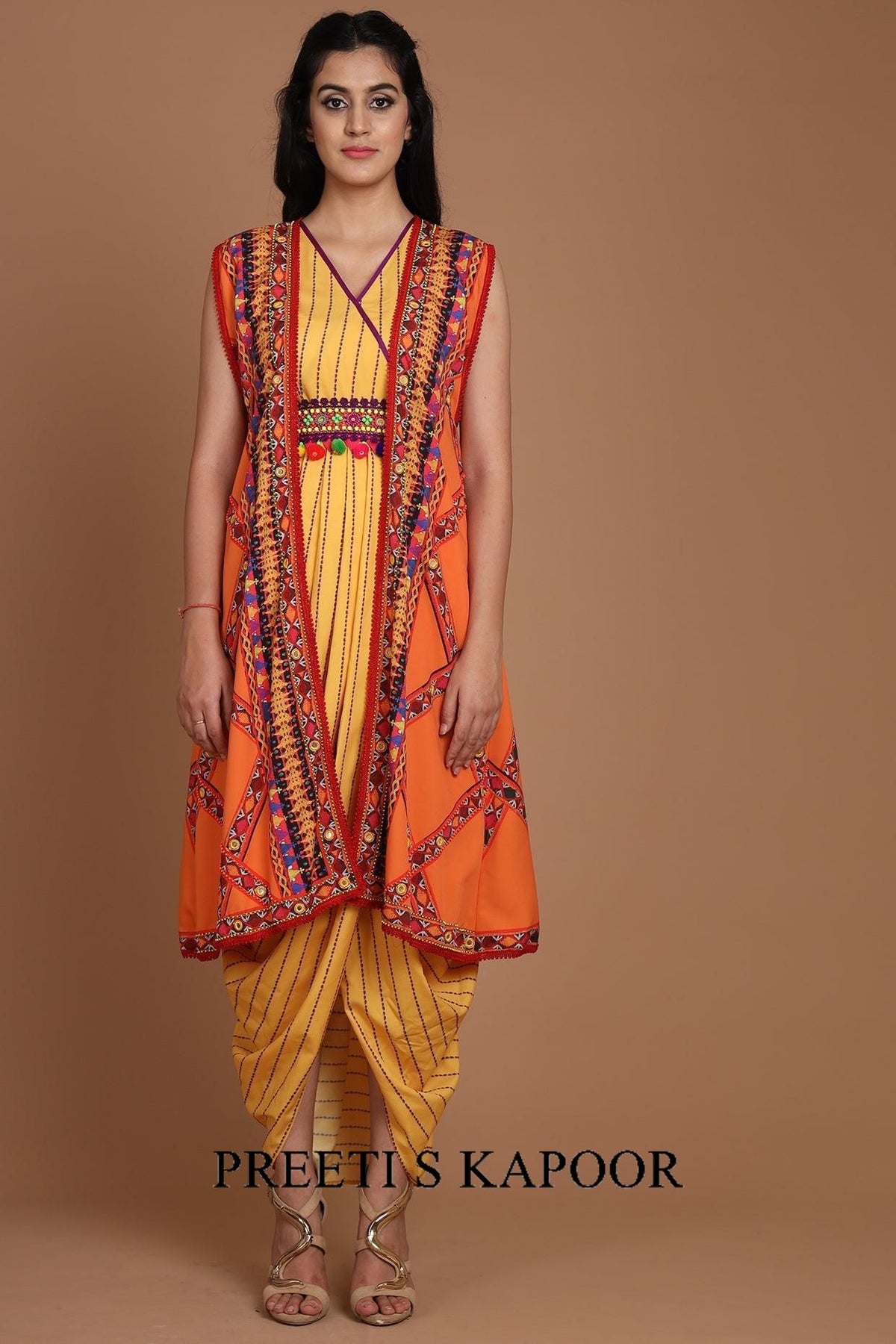 Orange & Yellow Embroidered Jacket Set With Belt - Preeti s kapoor