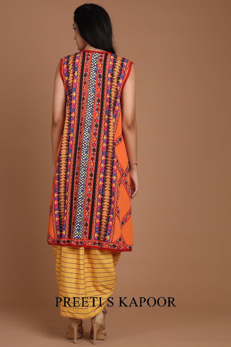 Orange & Yellow Embroidered Jacket Set With Belt - Preeti s kapoor