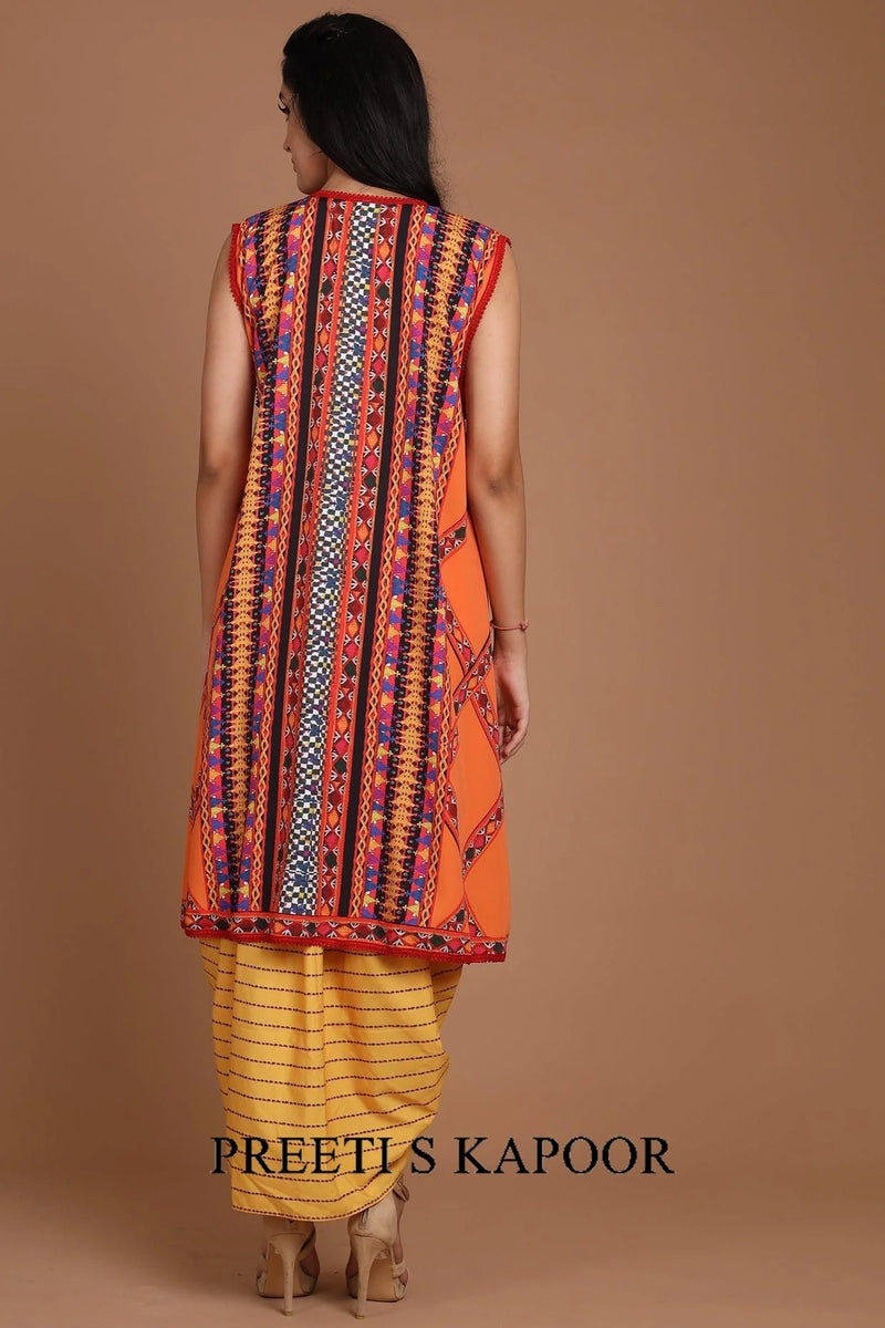 Orange & Yellow Embroidered Jacket Set With Belt - Preeti S Kapoor