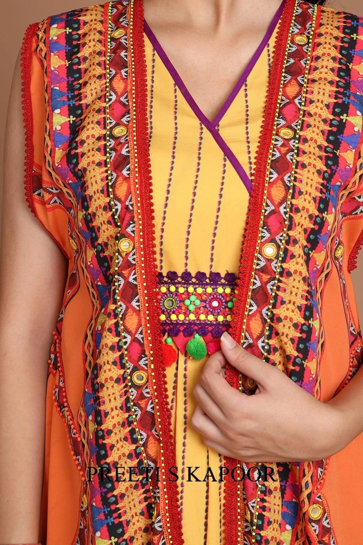 Orange & Yellow Embroidered Jacket Set With Belt - Preeti S Kapoor