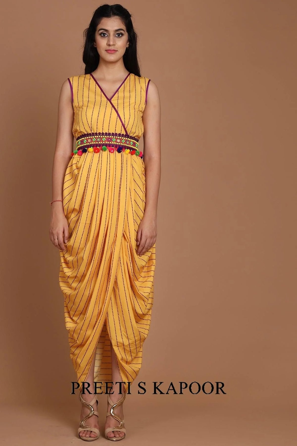 Orange & Yellow Embroidered Jacket Set With Belt - Preeti S Kapoor
