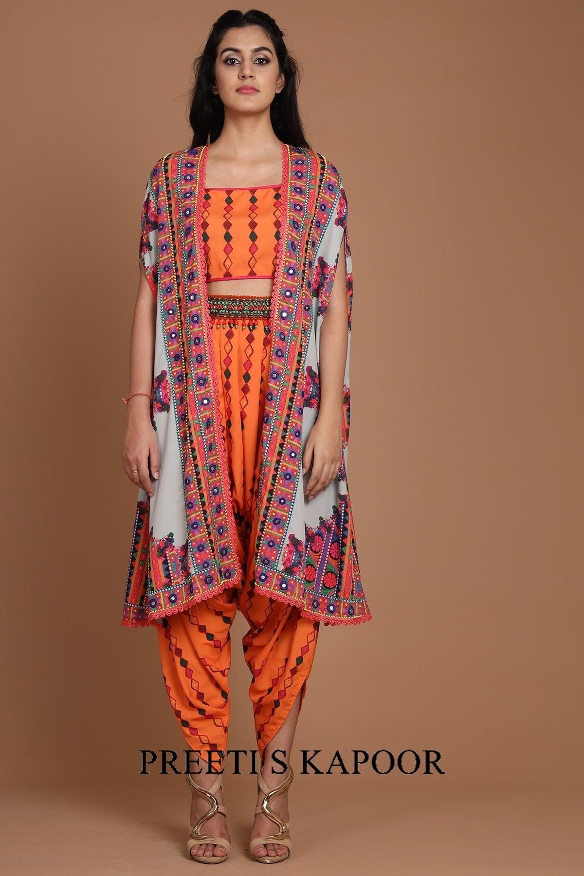 Grey & Orange Embroidered Jumpsuit Set With Belt - Preeti s kapoor