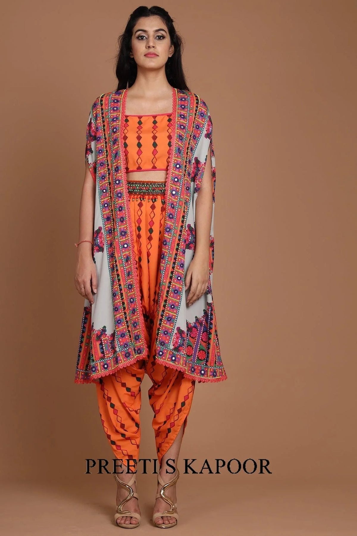Grey & Orange Embroidered Jumpsuit Set With Belt - Preeti S Kapoor