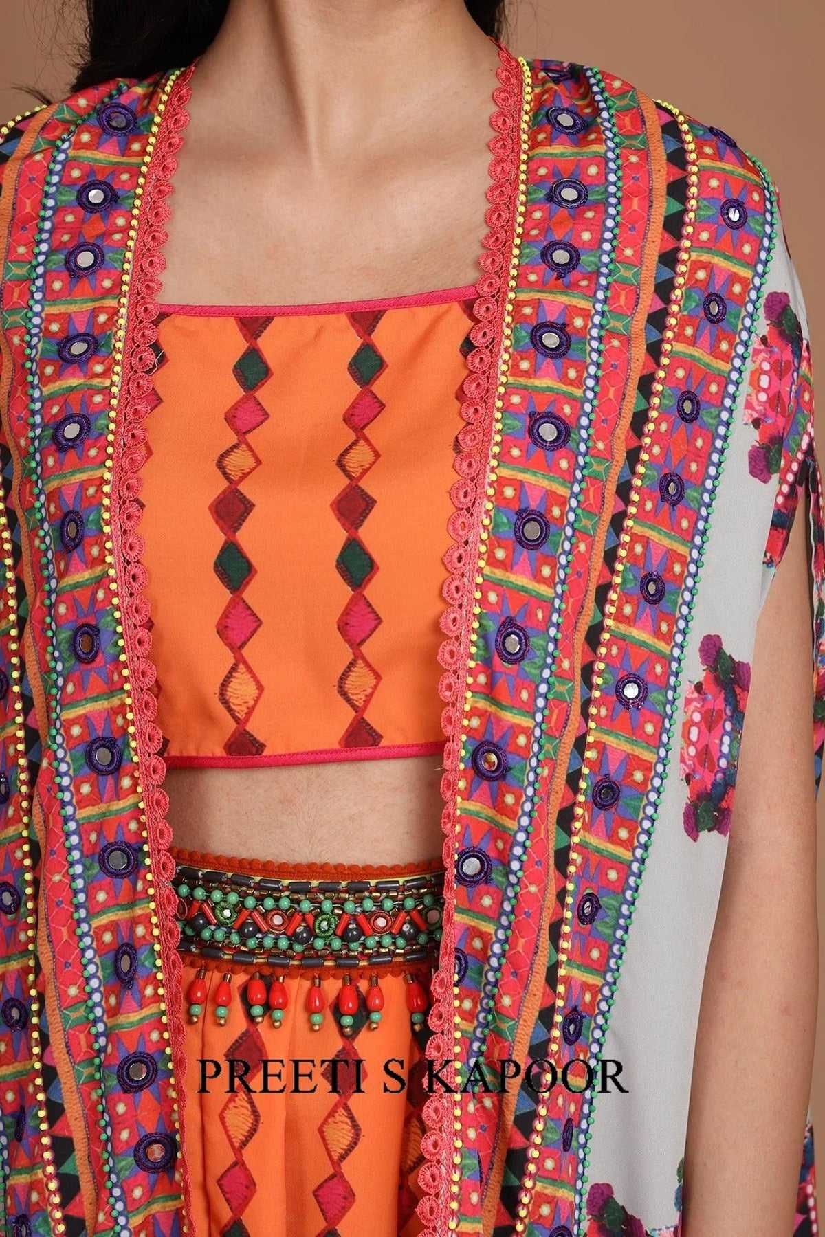 Grey & Orange Embroidered Jumpsuit Set With Belt - Preeti S Kapoor
