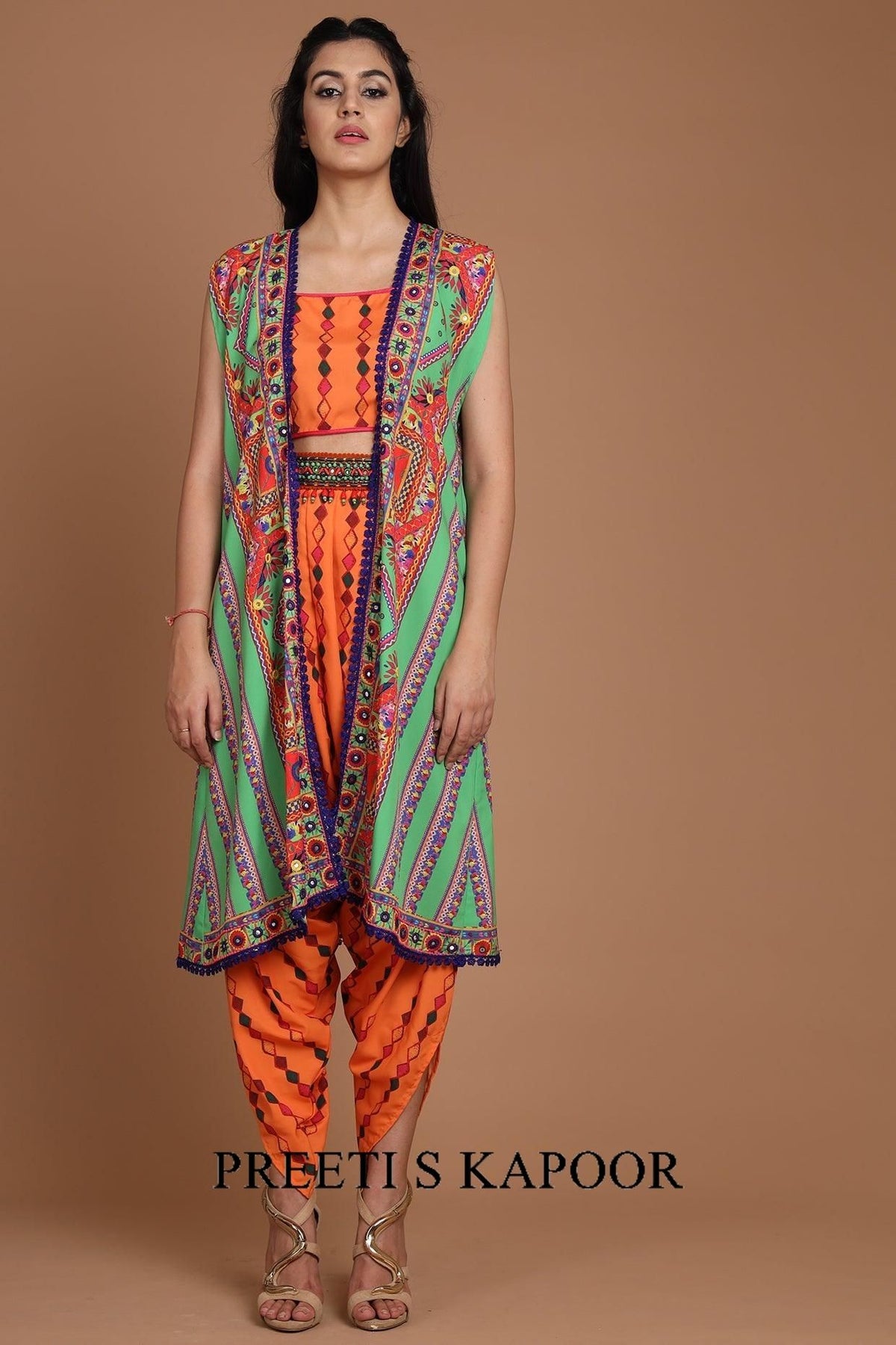 Green & Orange Embroidered Jacket Set With Belt - Preeti s kapoor