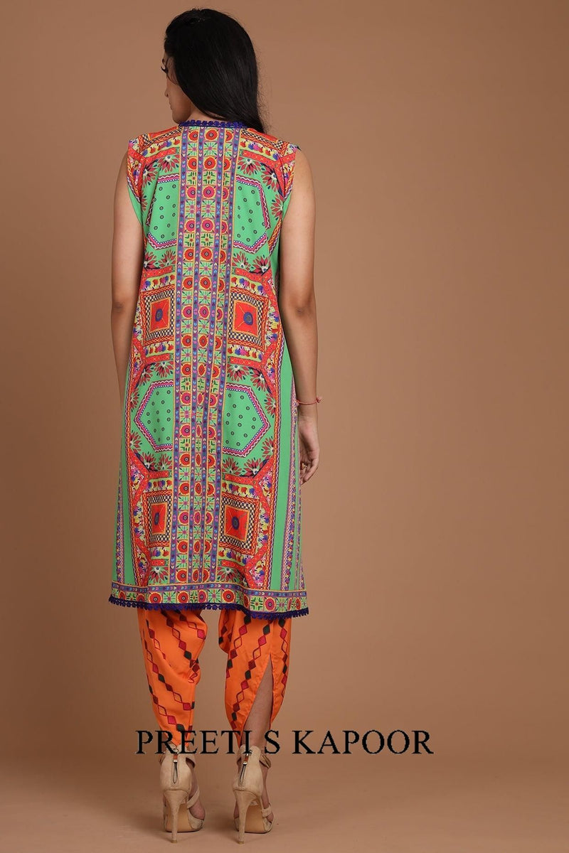 Green & Orange Embroidered Jacket Set With Belt - Preeti s kapoor