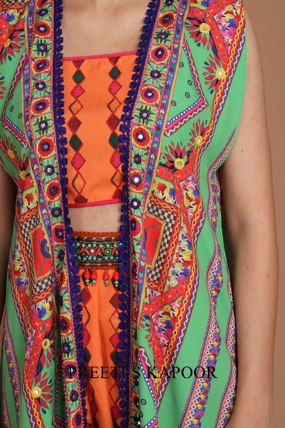 Green & Orange Embroidered Jacket Set With Belt - Preeti S Kapoor