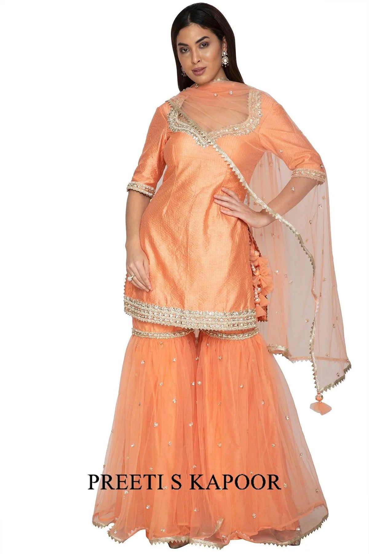 Light Orange Embroidered Gharara Set - Preeti S Kapoor