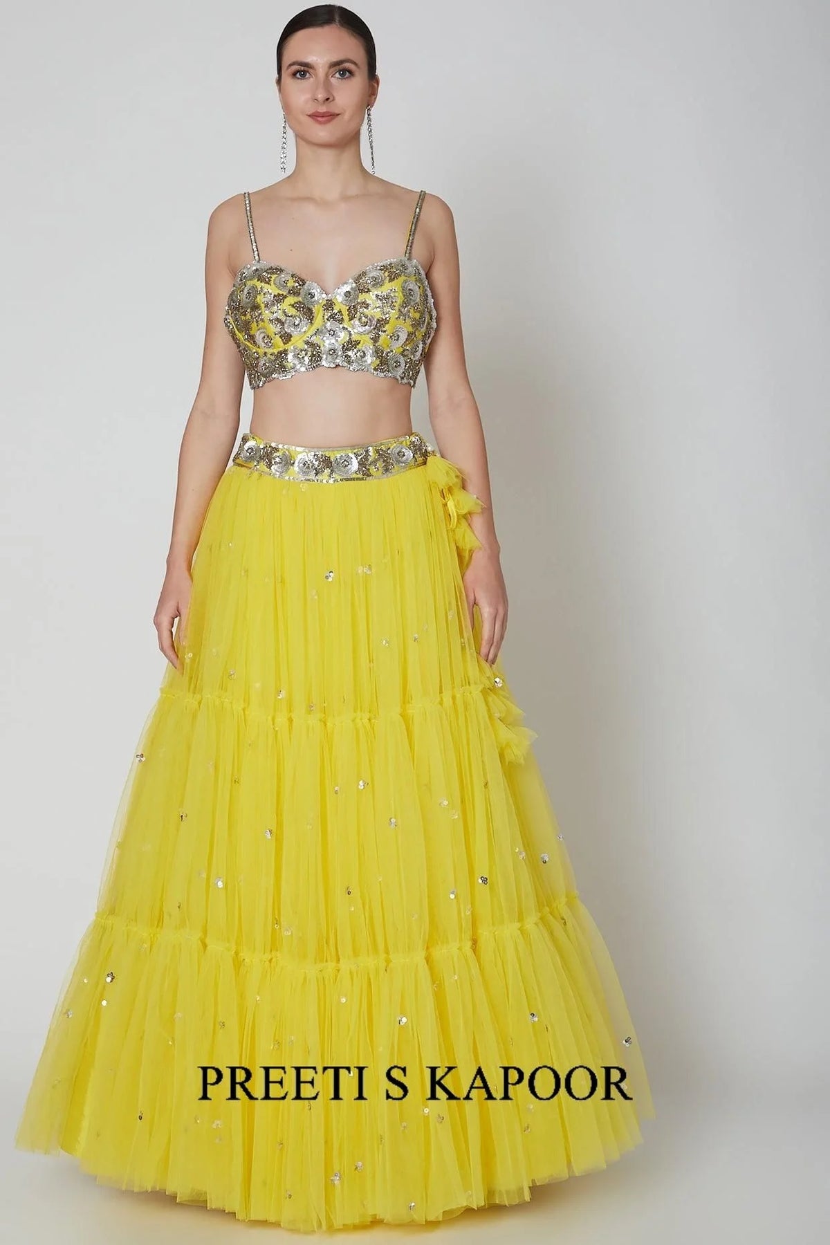 Yellow Silver Sequence Embroidered Lehenga Set - Preeti S Kapoor