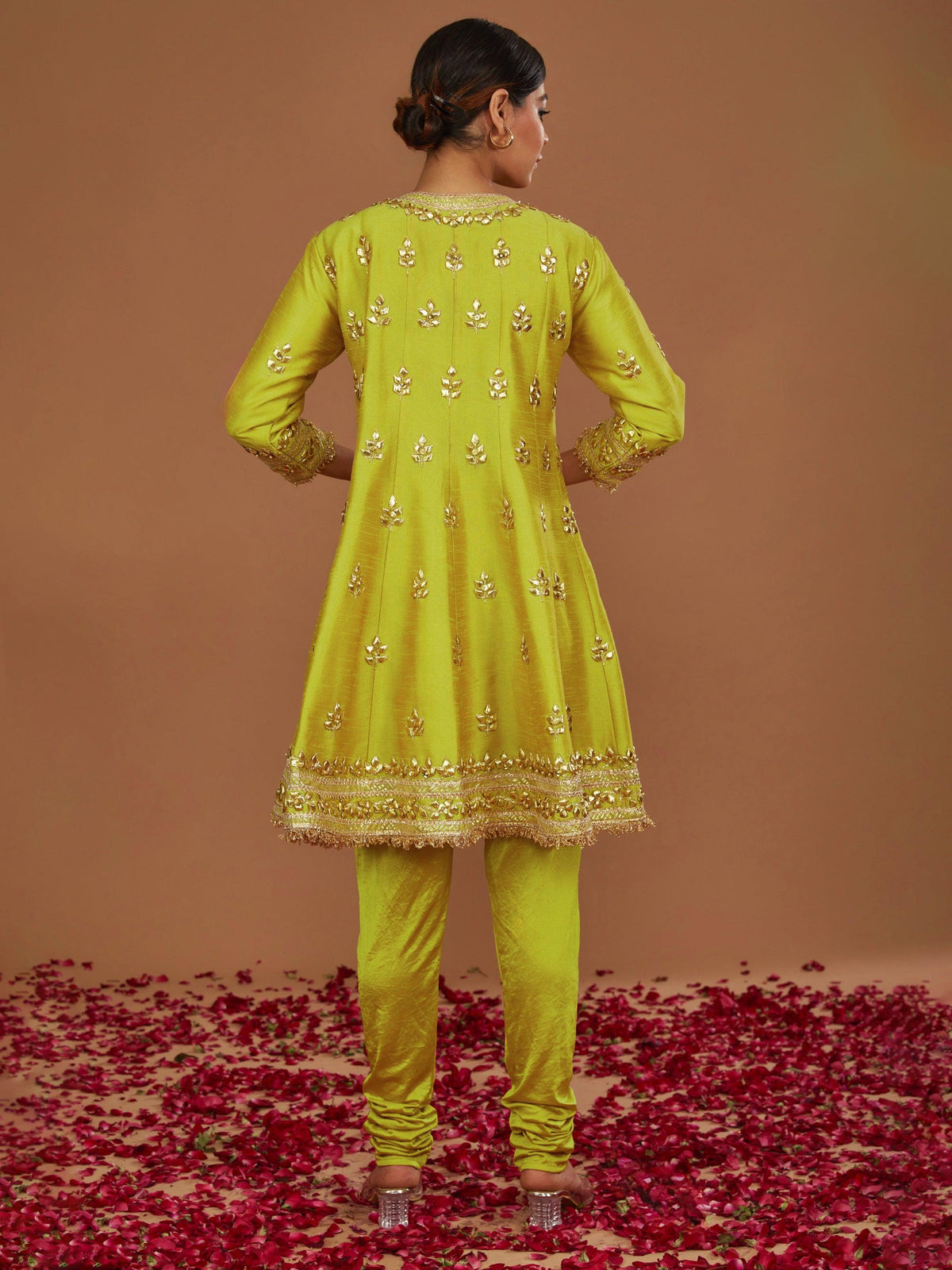 LIME YELLOW SHORT ANARKALI WITH CHURIDAR AND FUSCHIA DUPATTA - Preeti s kapoor