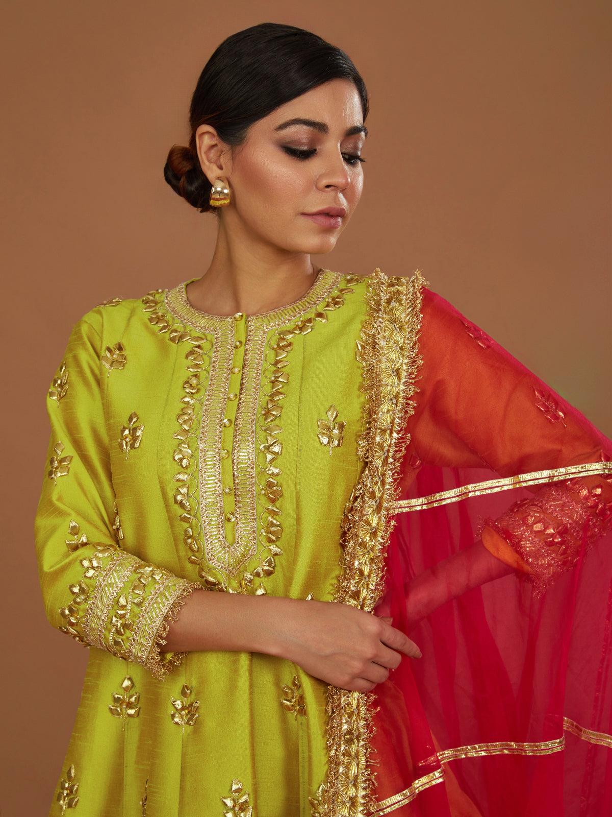 LIME YELLOW SHORT ANARKALI WITH CHURIDAR AND FUSCHIA DUPATTA - Preeti s kapoor