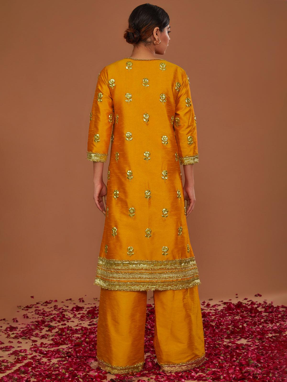 PEACHY ORANGE LONG KURTA WITH STRAIGHT PANT AND DUPATTA - Preeti s kapoor