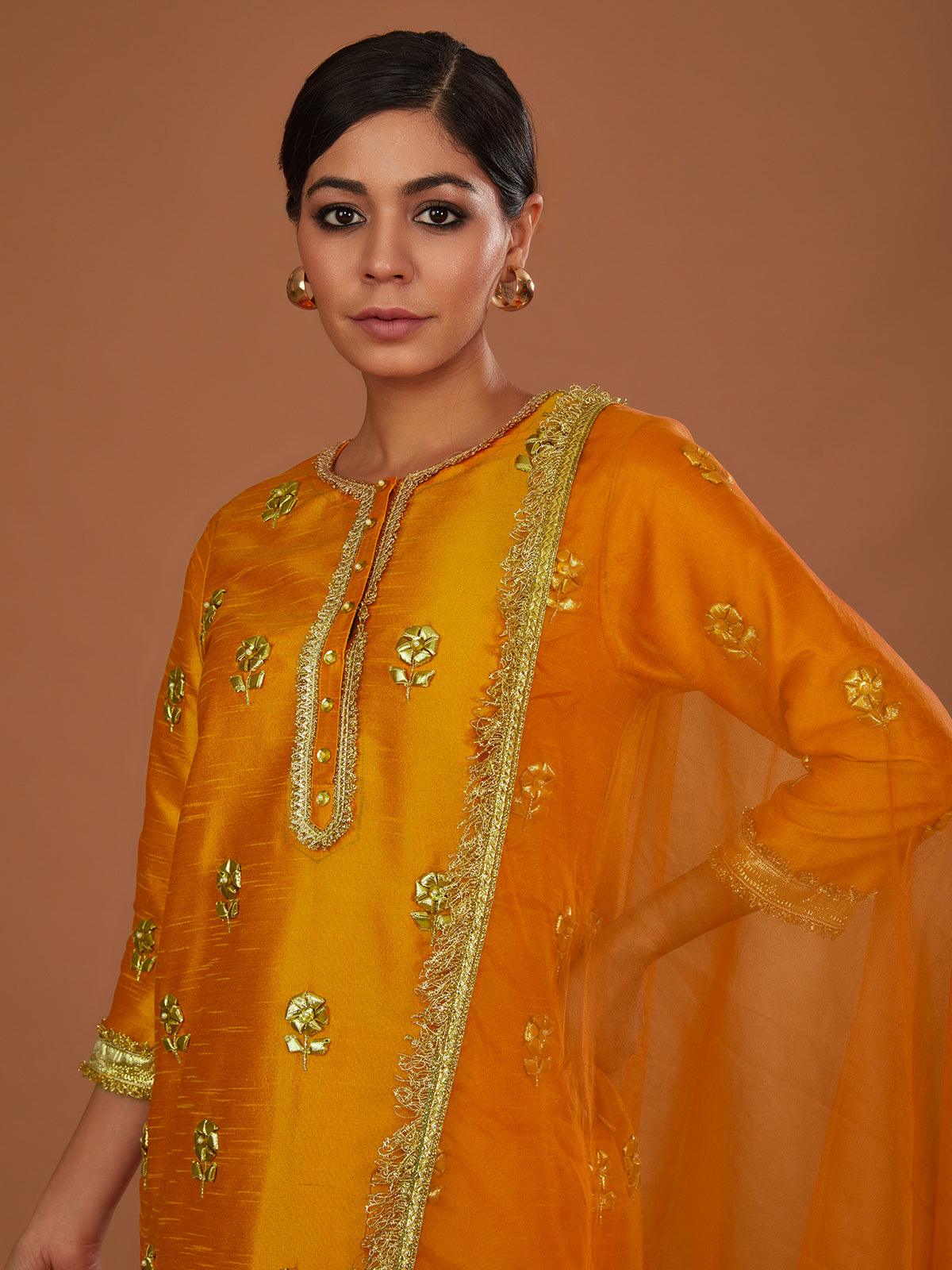 PEACHY ORANGE LONG KURTA WITH STRAIGHT PANT AND DUPATTA - Preeti s kapoor