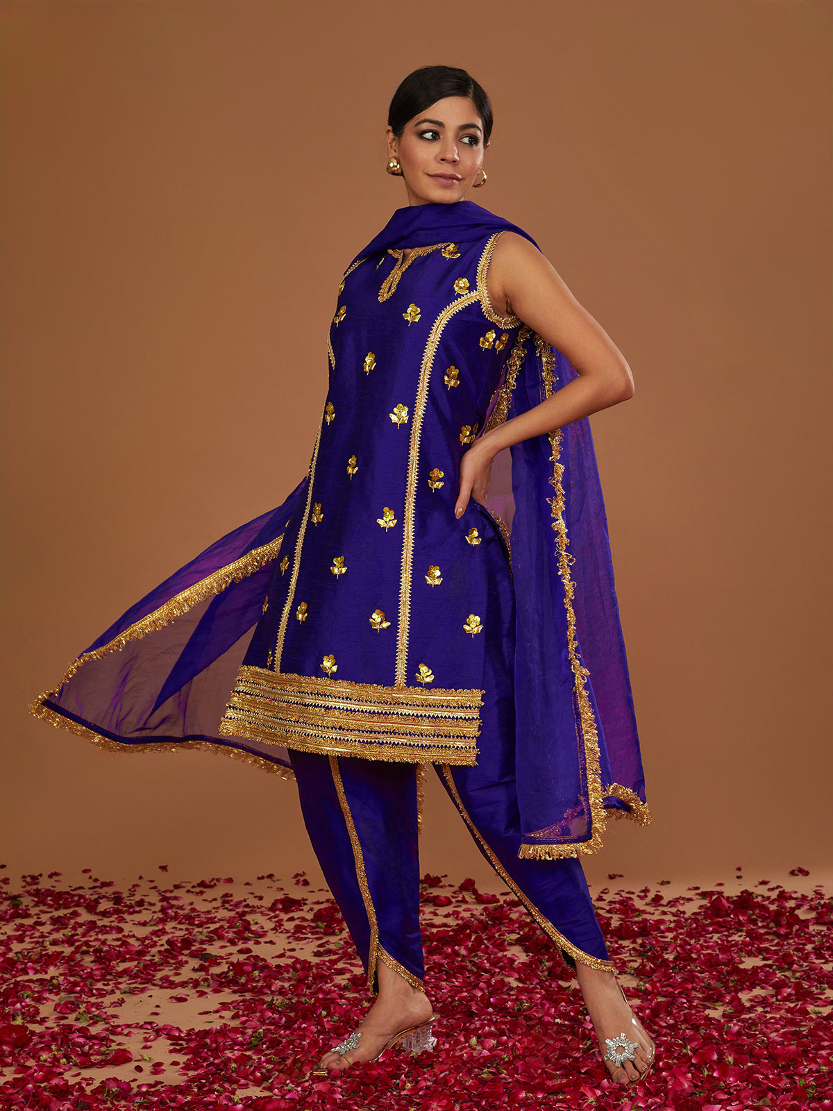 MIDNIGHT BLUE HALTER KURTA WITH OVERLAPPED PANT AND DUPATTA - Preeti s kapoor