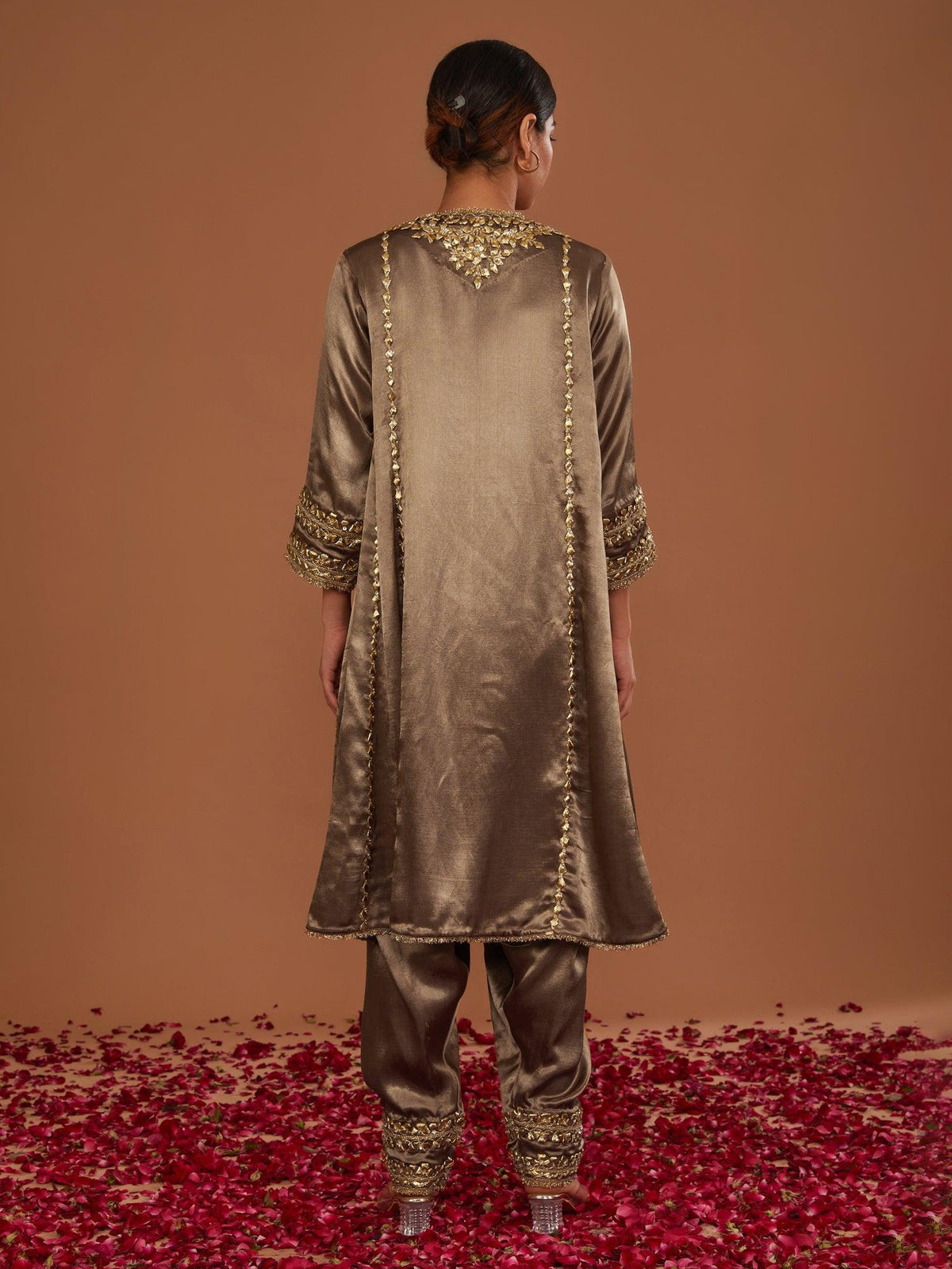 Sepia Brown Mashru Silk Hand Embellished Kurta Set - Preeti s kapoor