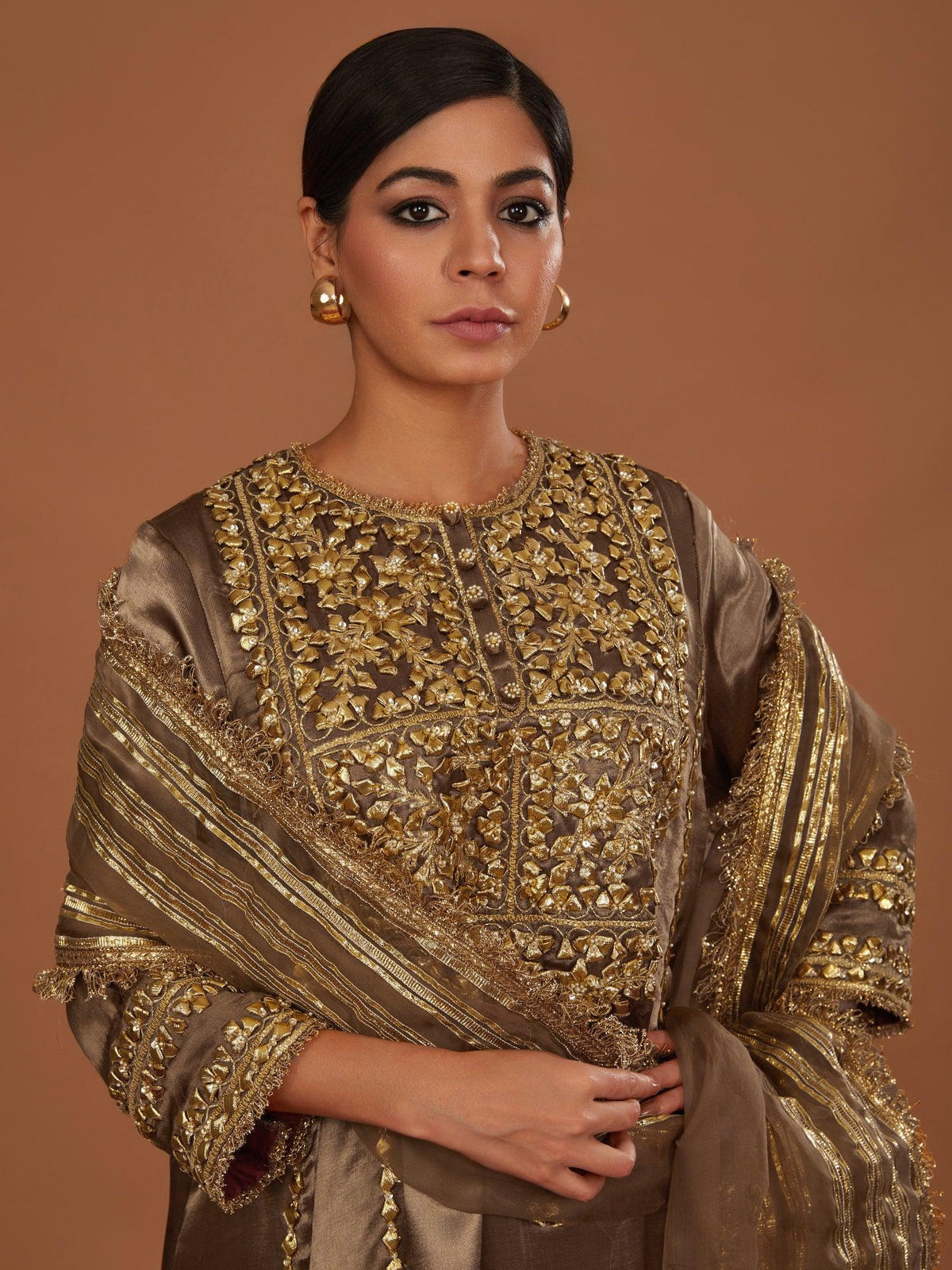 Sepia Brown Mashru Silk Hand Embellished Kurta Set - Preeti s kapoor