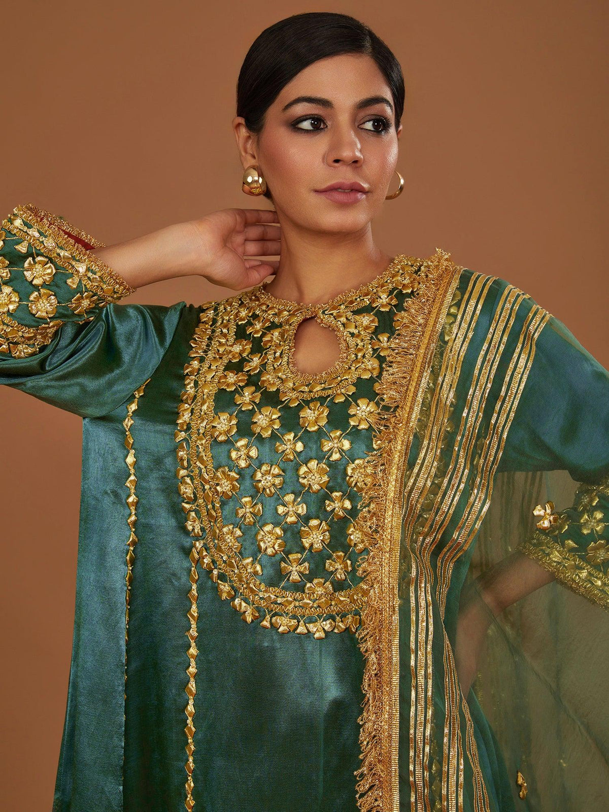 Sap Green Mashru Silk Hand Embellished Kurta Set - Preeti s kapoor