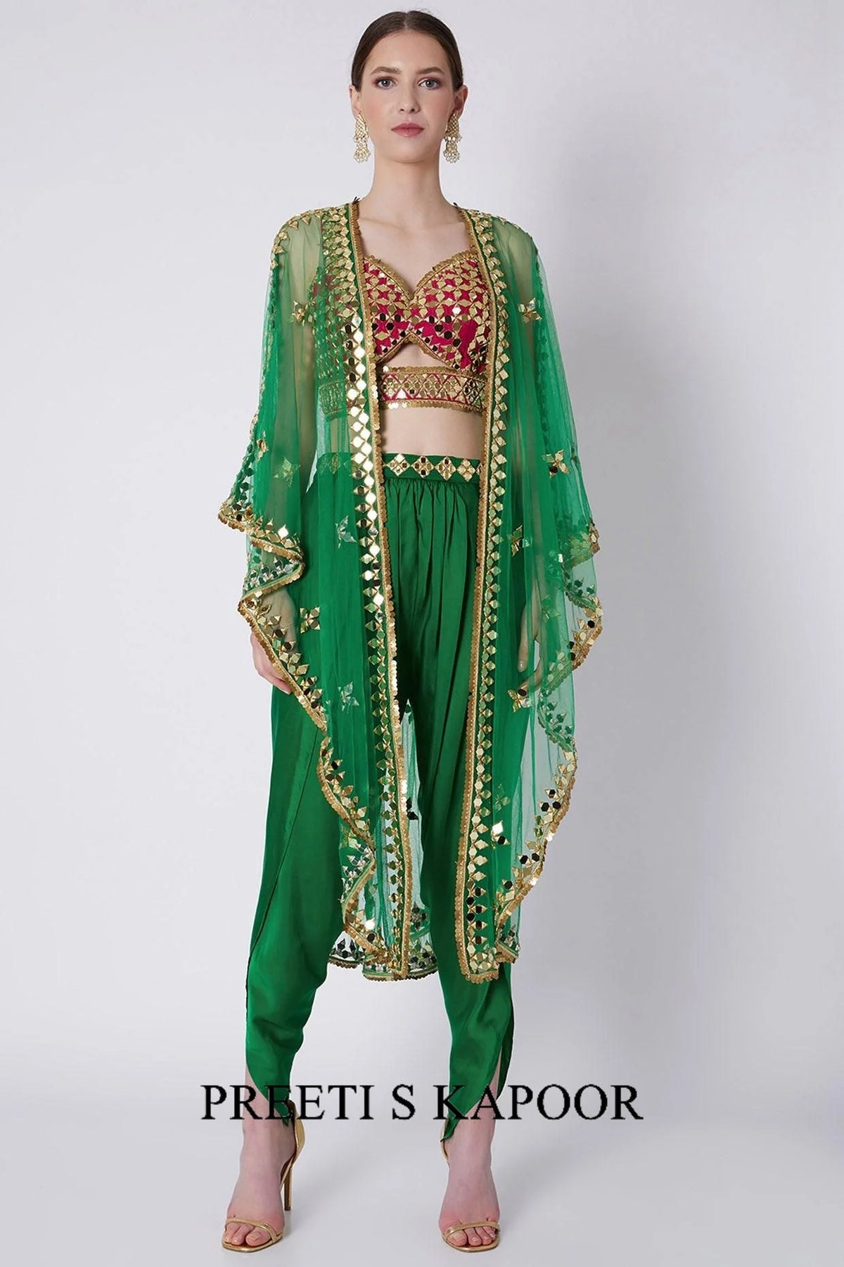 Red & Green Embroidered Dhoti Set - Preeti S Kapoor