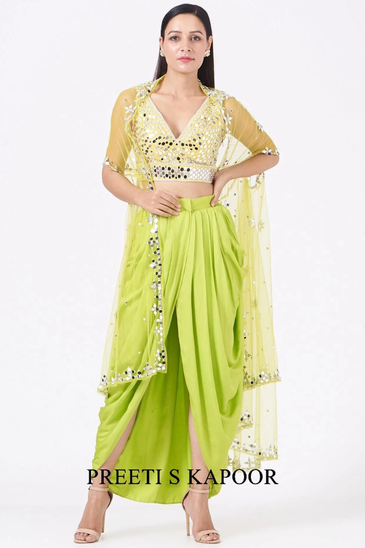 Lime Green Embroidered Dhoti Skirt Set - Preeti S Kapoor