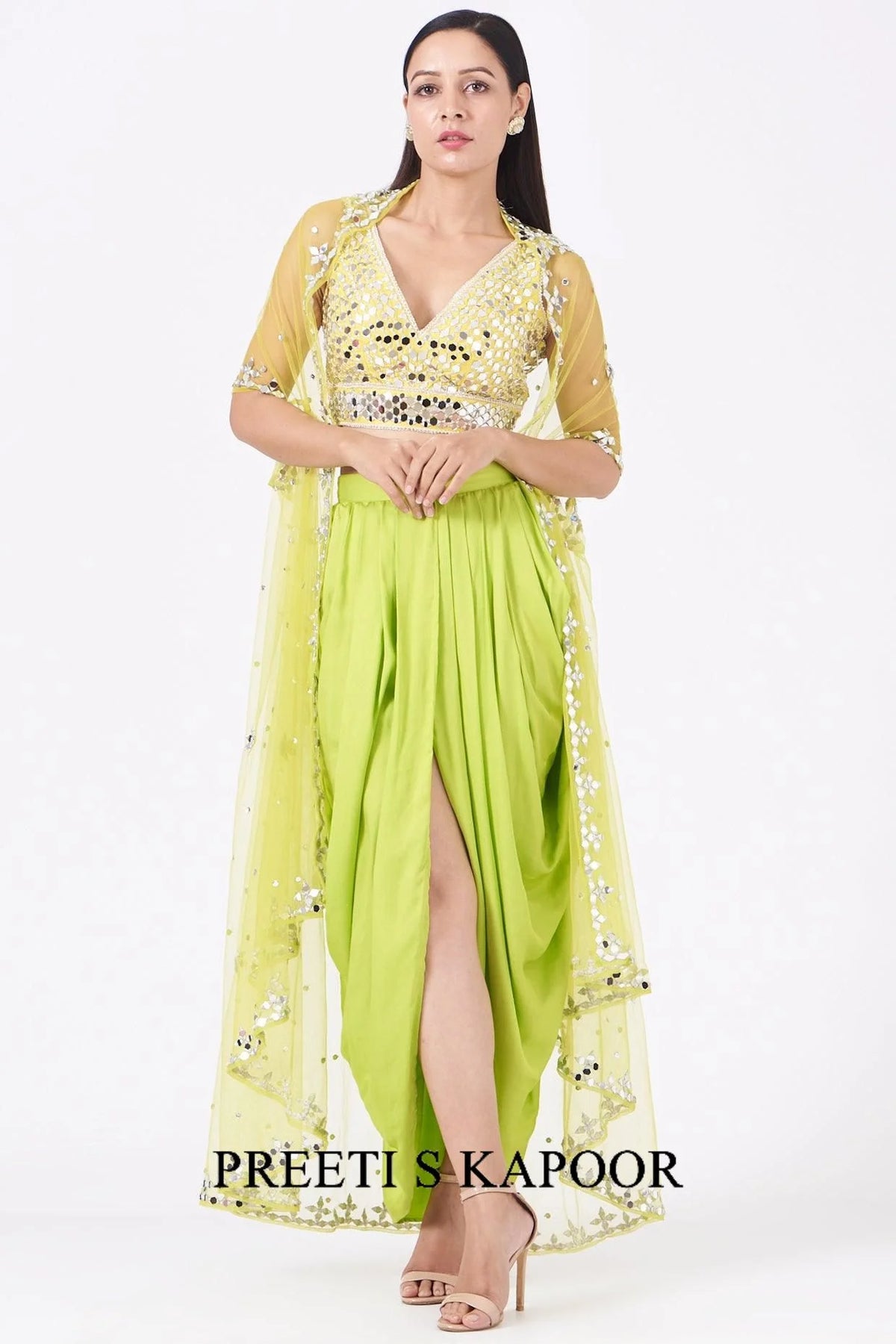 Lime Green Embroidered Dhoti Skirt Set - Preeti S Kapoor