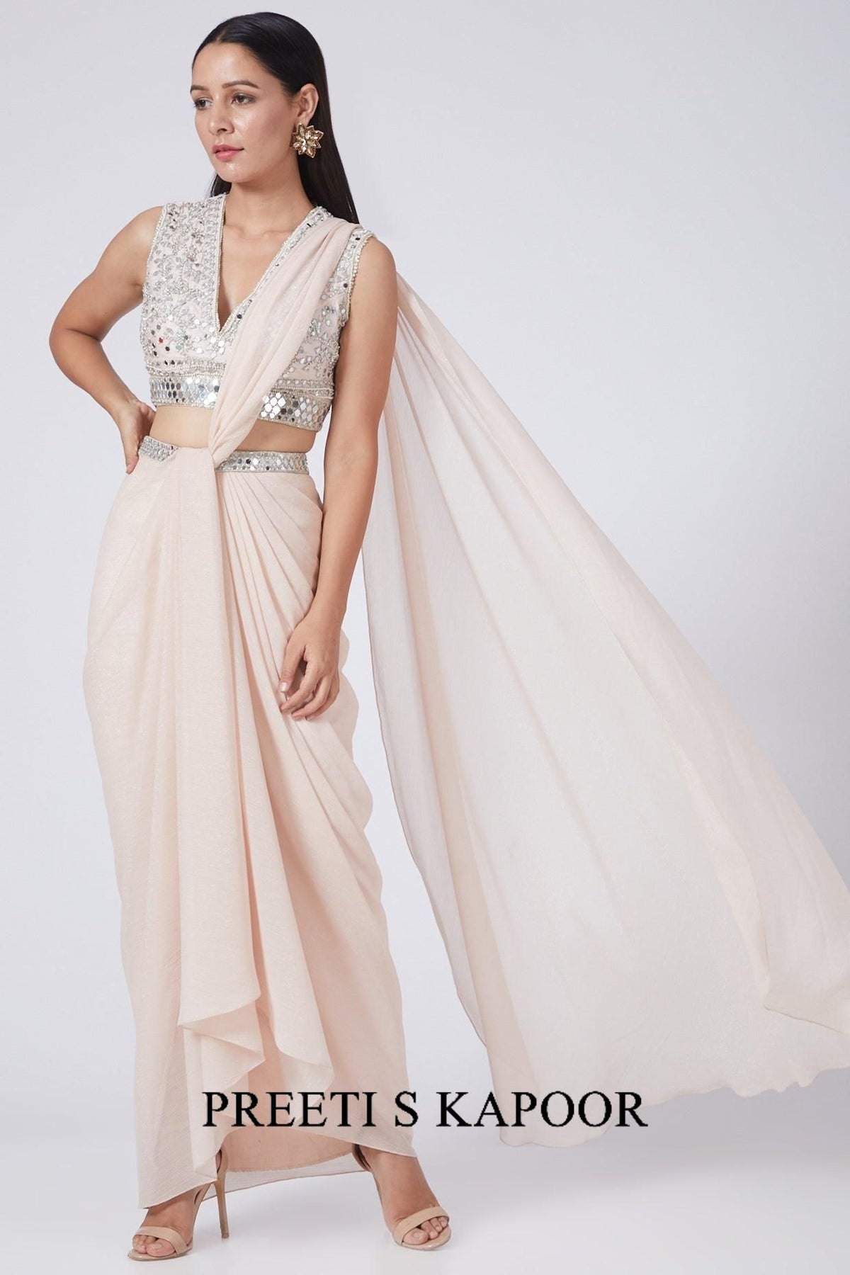 Nude Pink Embroidered Draped Saree Set - Preeti S Kapoor