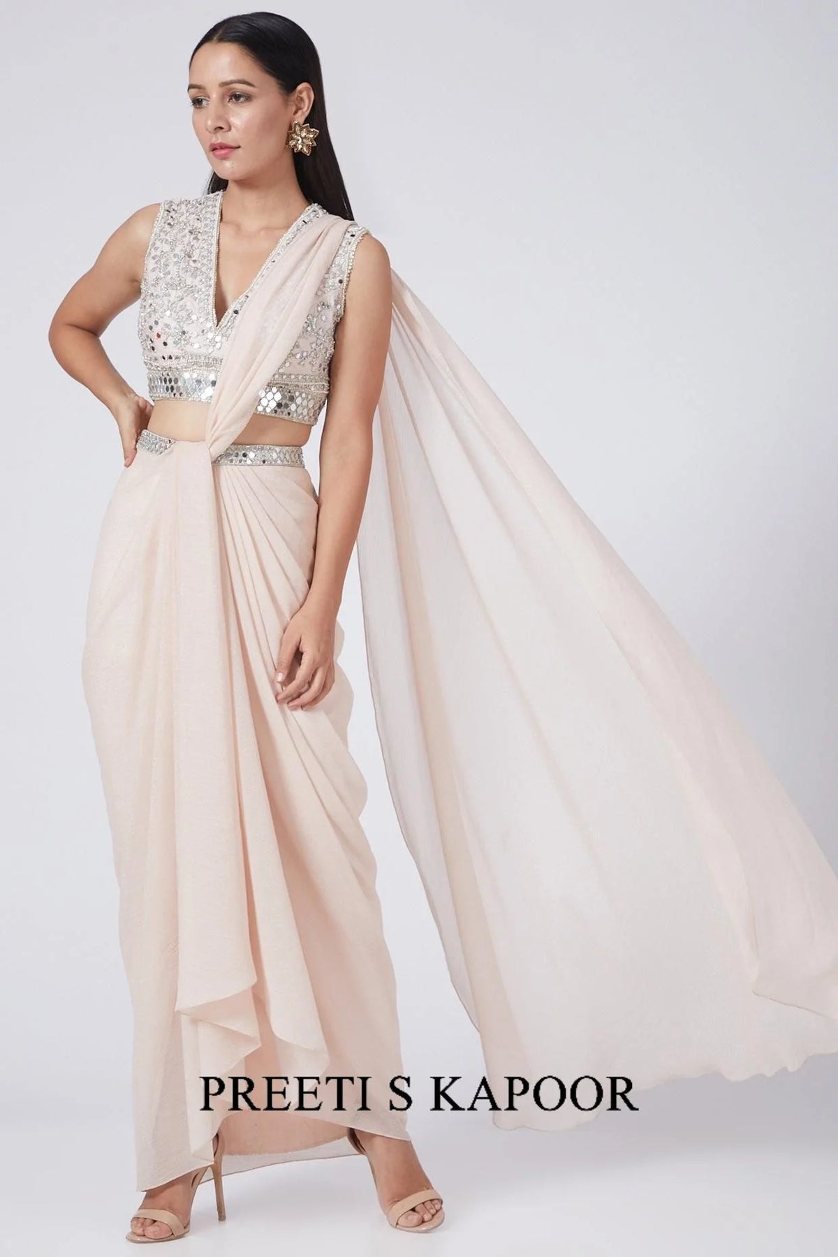 Nude Pink Embroidered Draped Saree Set - Preeti S Kapoor