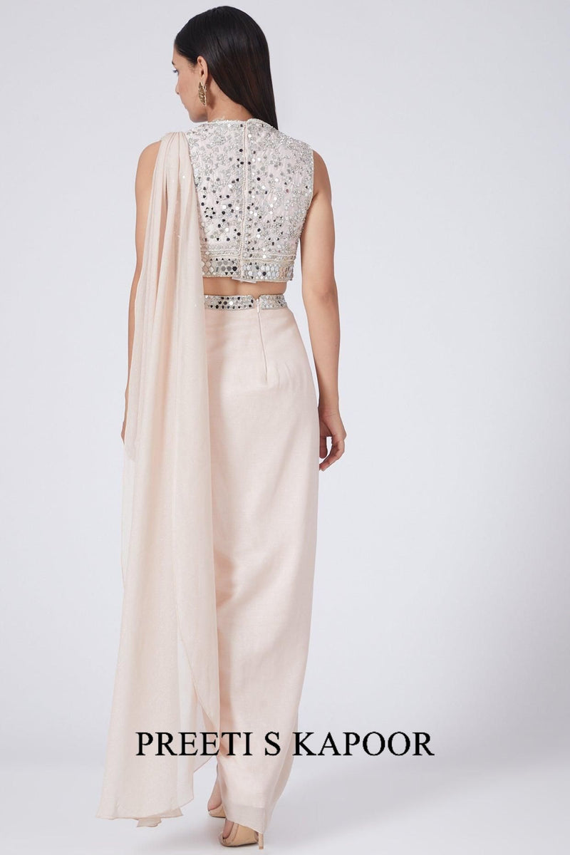 Nude Pink Embroidered Draped Saree Set - Preeti S Kapoor