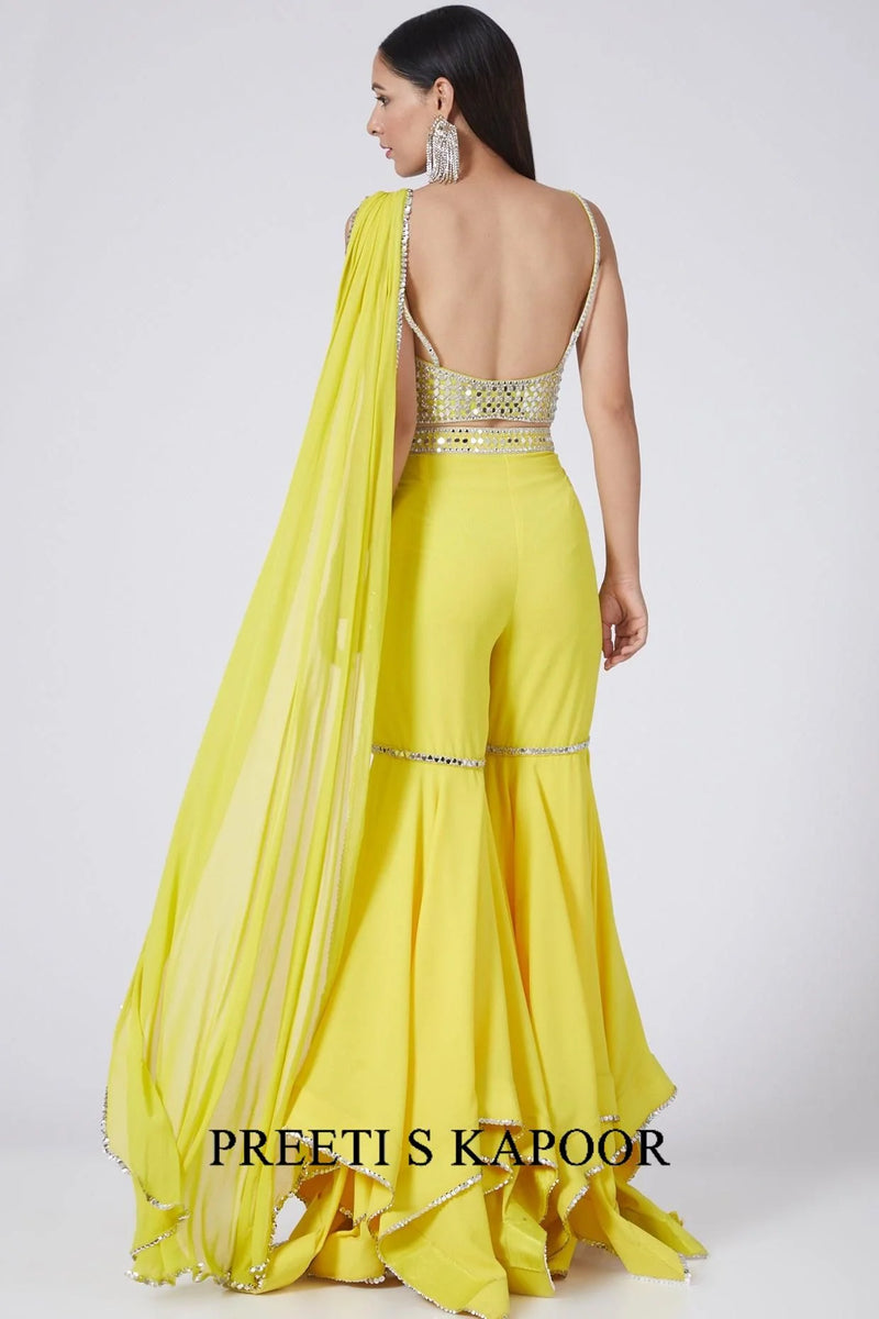 Yellow Embroidered Draped Gharara Set - Preeti S Kapoor
