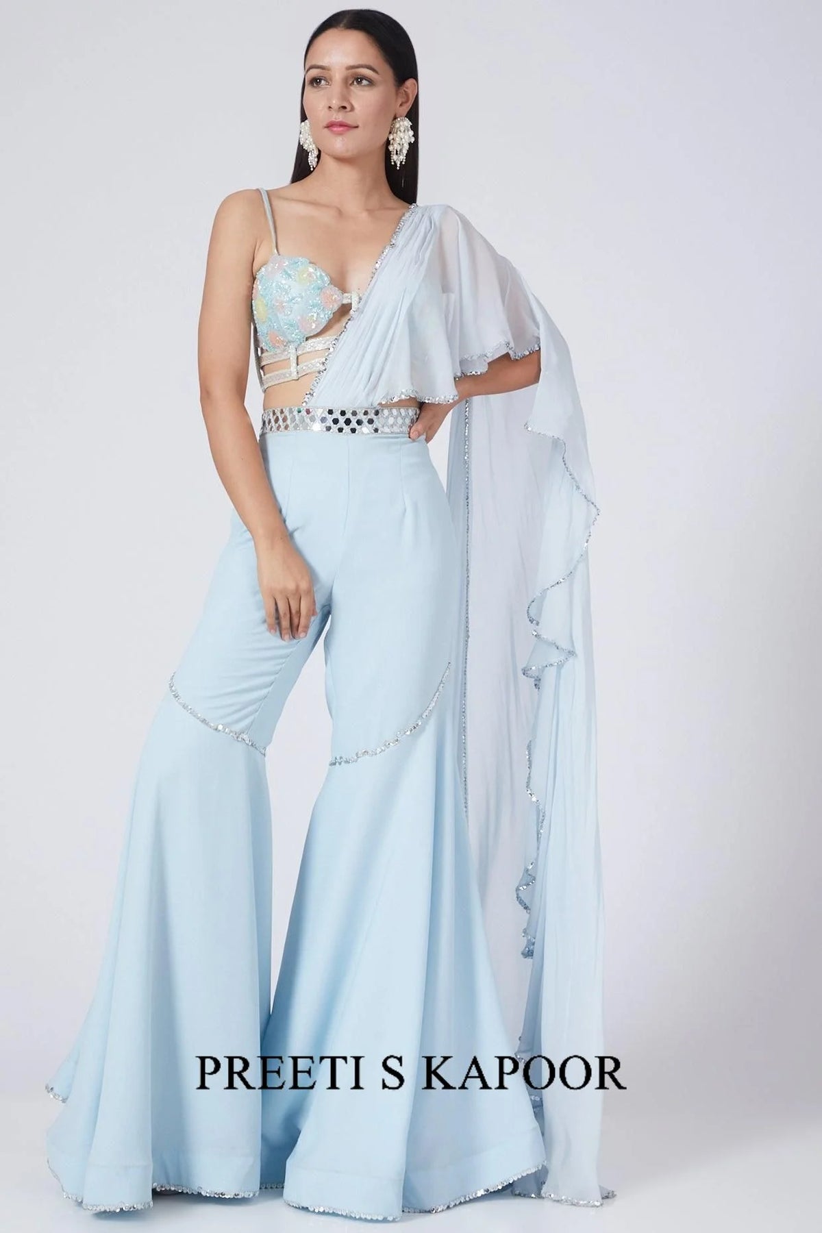 Ice Blue Embroidered Draped Gharara Set - Preeti S Kapoor
