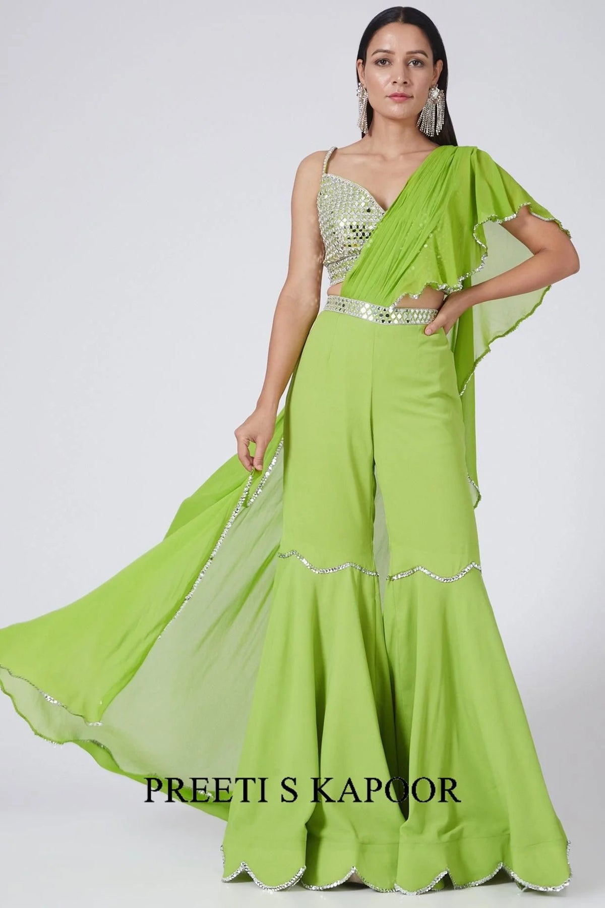 Lime Green Embroidered Draped Gharara Set - Preeti S Kapoor