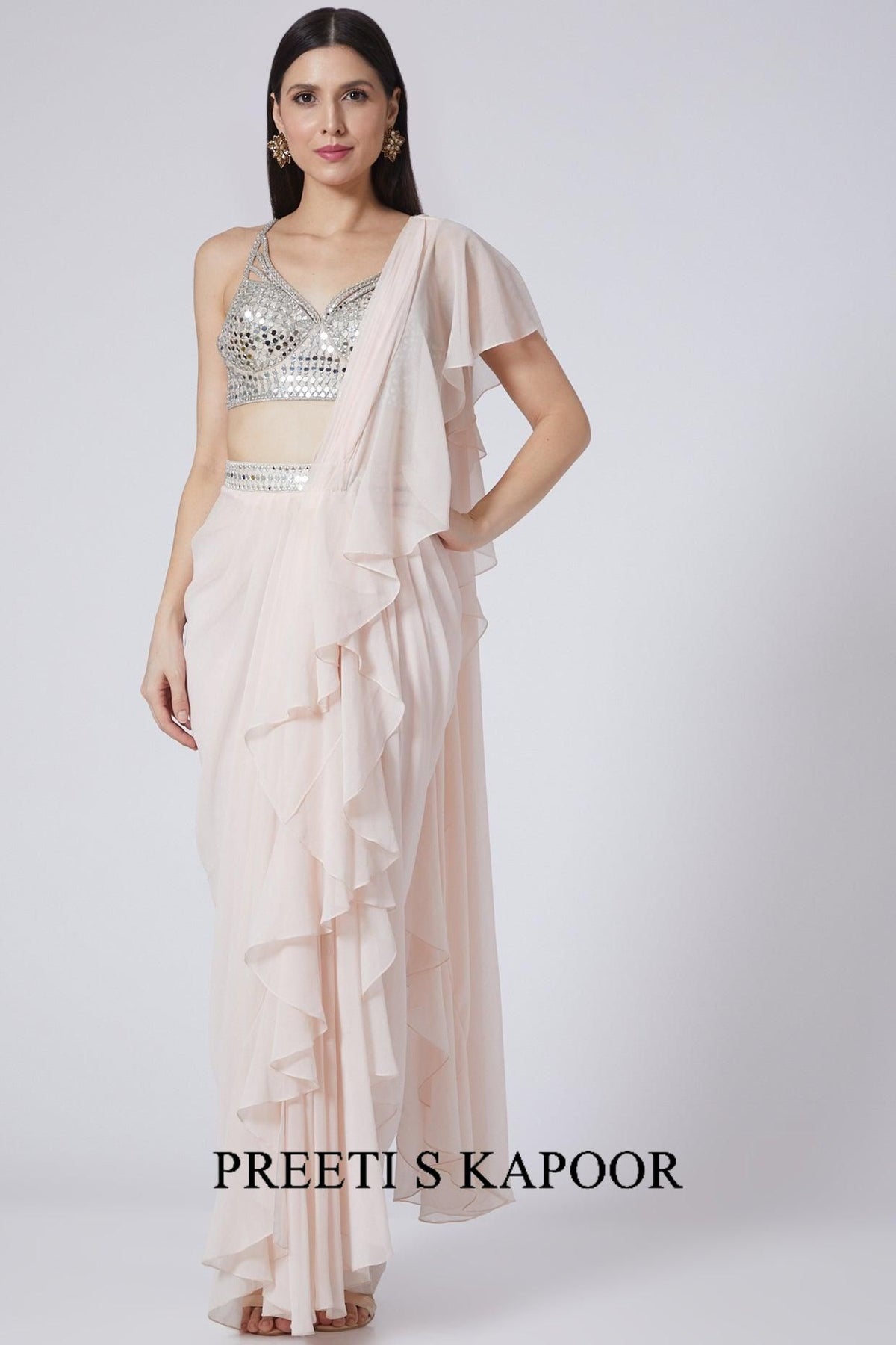 Nude Pink Embroidered Pre-Stitched Saree Set - Preeti S Kapoor