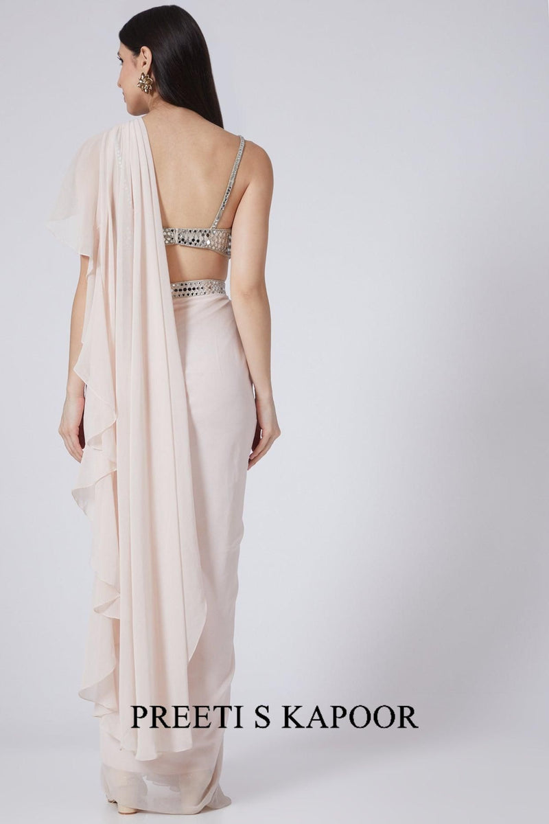 Nude Pink Embroidered Pre-Stitched Saree Set - Preeti S Kapoor