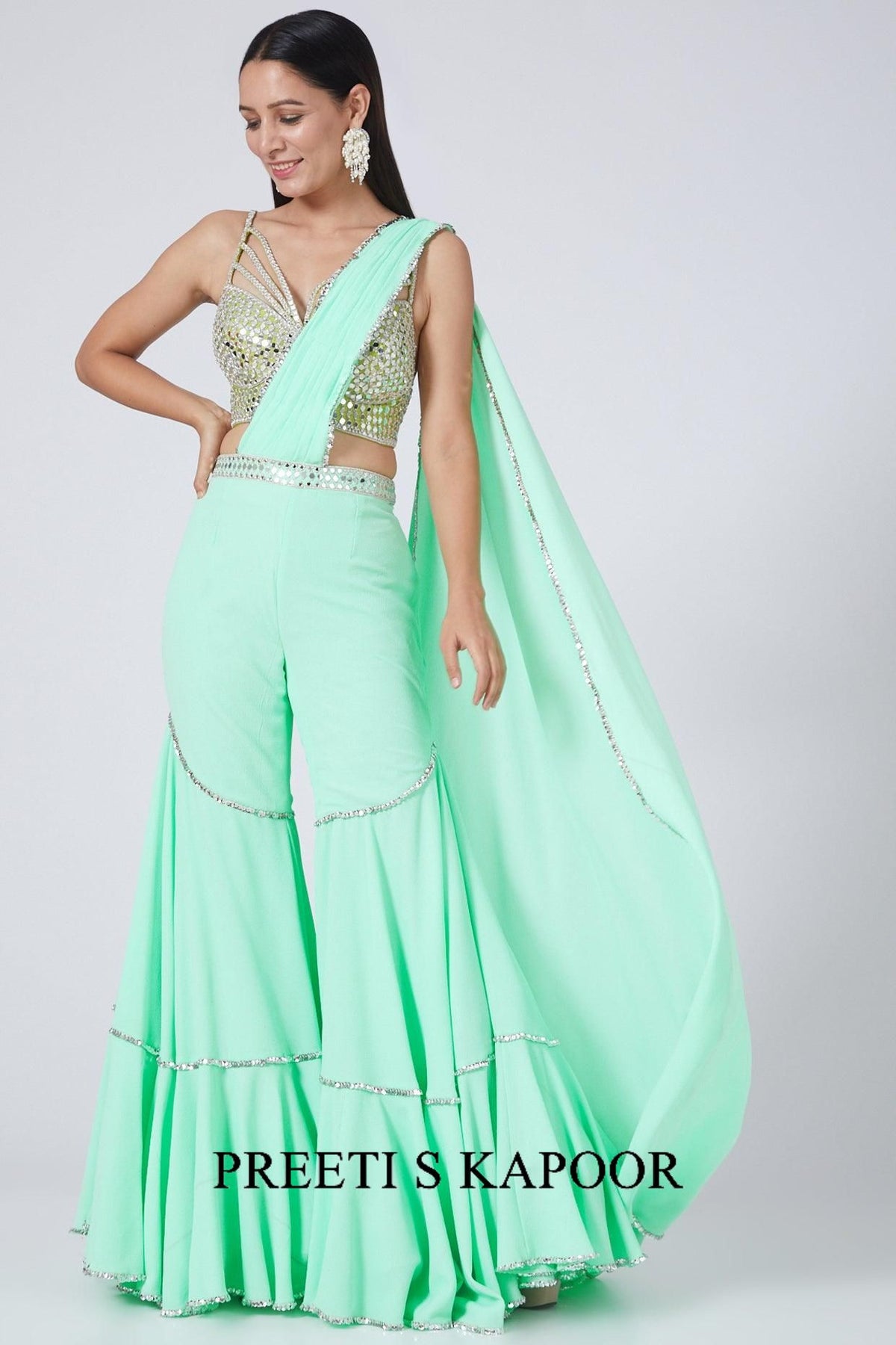 Aquamarine Green Embroidered Draped Gharara - Preeti S Kapoor