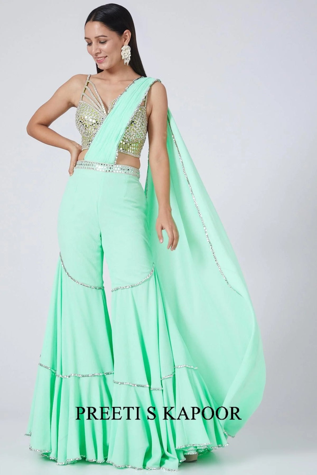 Aquamarine Green Embroidered Draped Gharara - Preeti S Kapoor